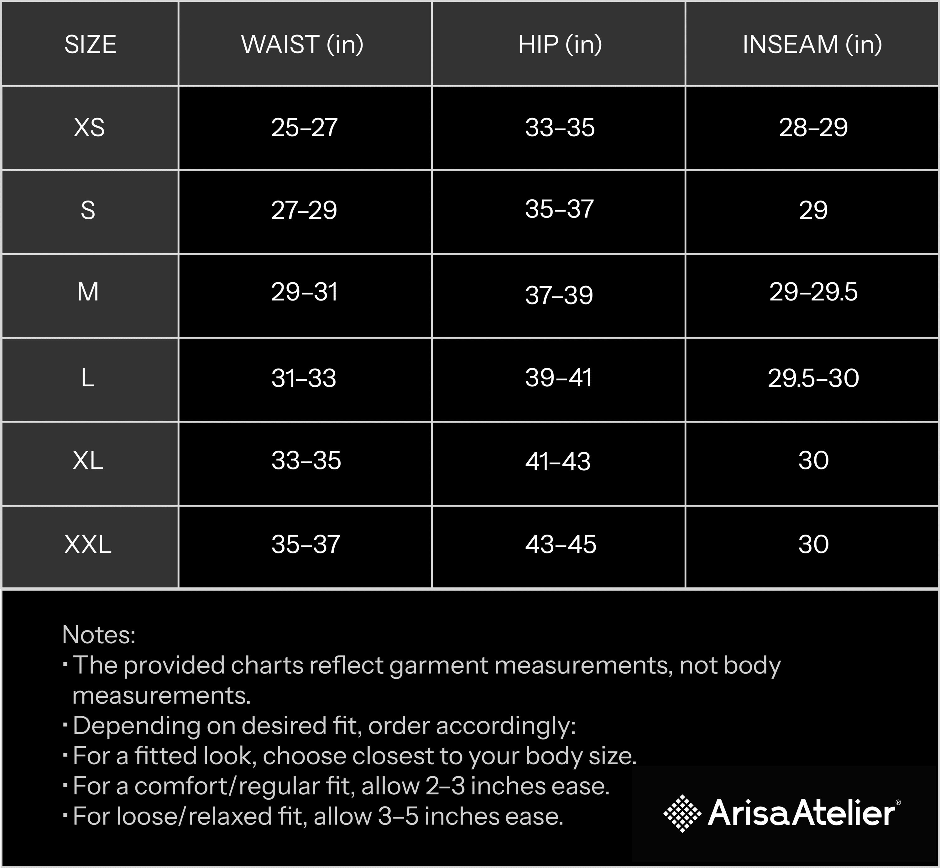 Garment Size Chart