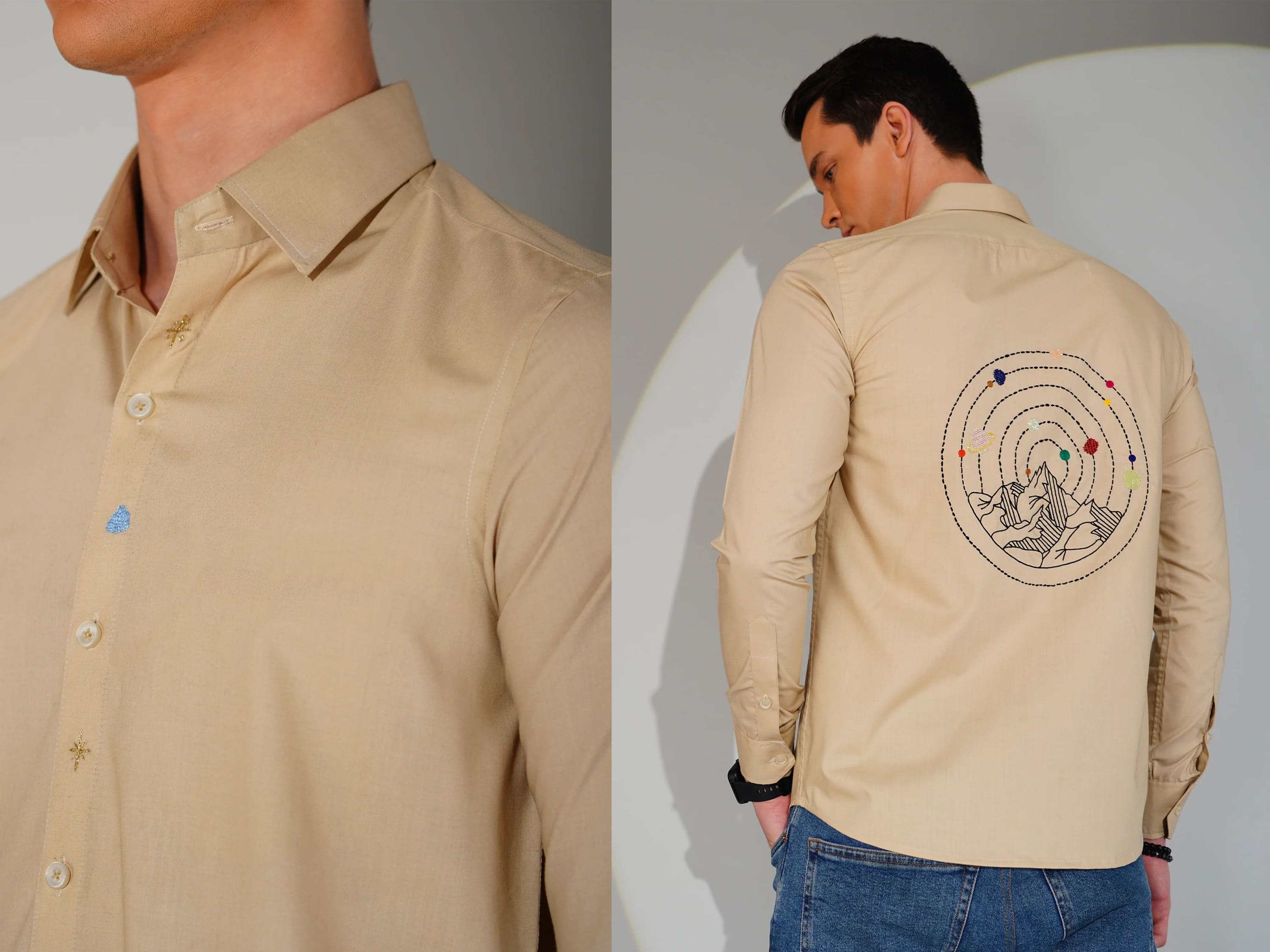 Beige shirt with a design on the back worn by a person, shown from front and back views.