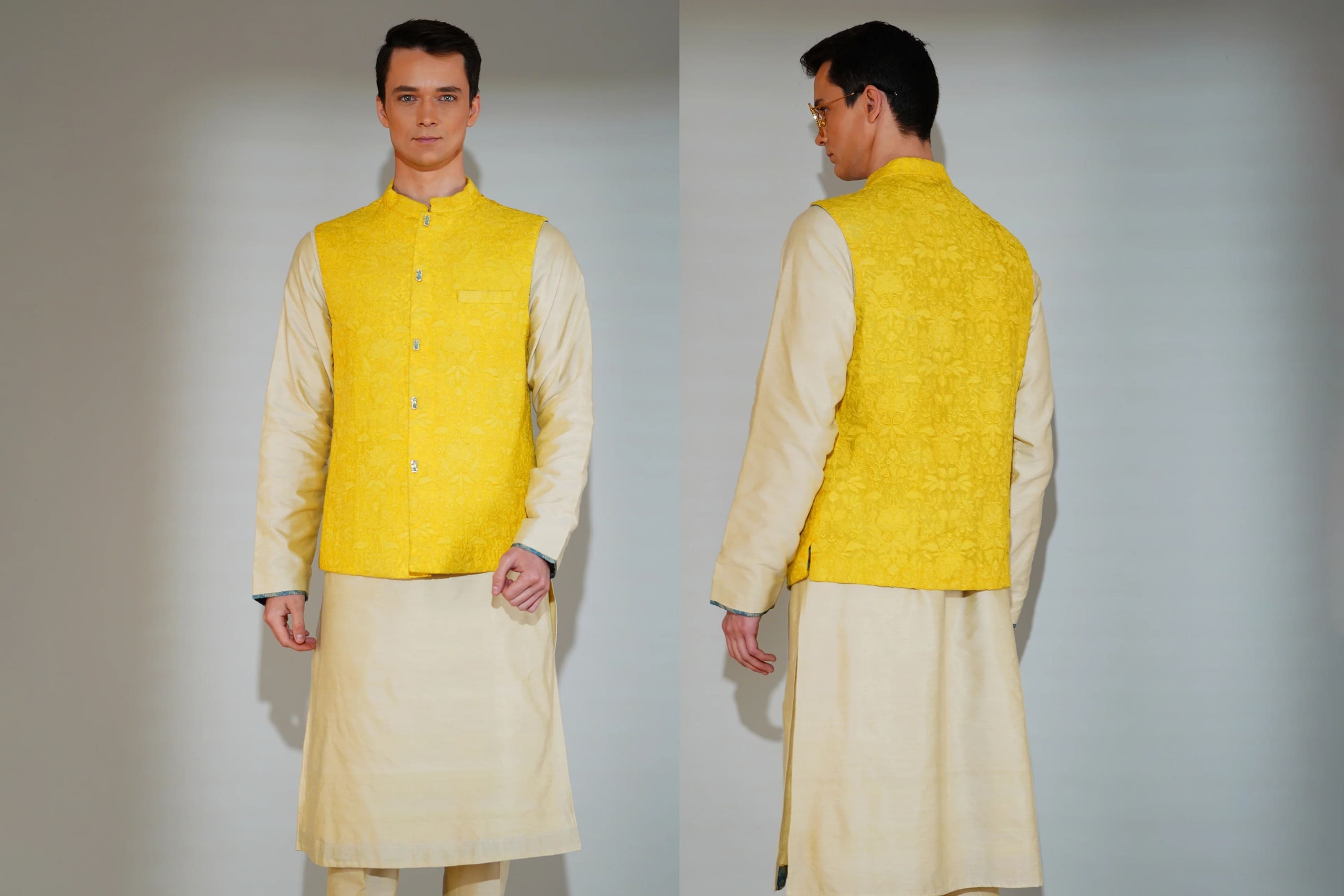 Man wearing a yellow vest over a cream kurta with pants, shown from front and back on a plain background.