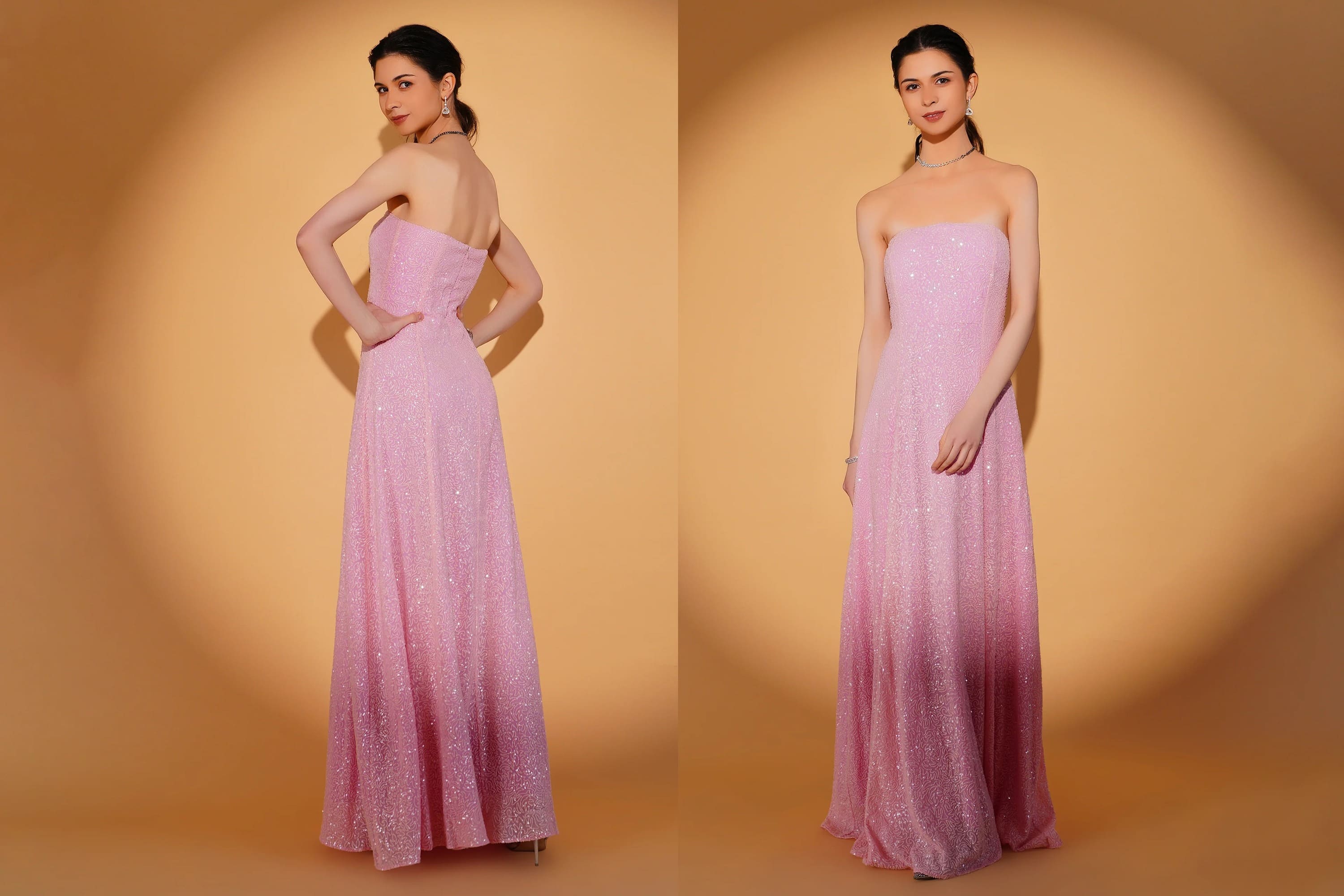 Woman wearing a pink strapless gown with a gradient effect on an orange background