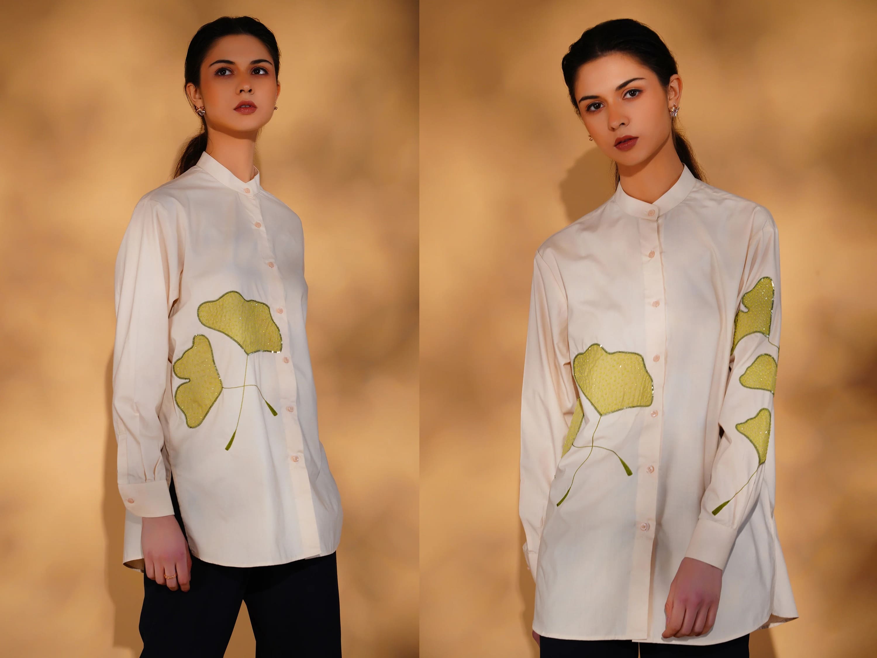 Woman wearing a white shirt with green leaf patterns on a beige background