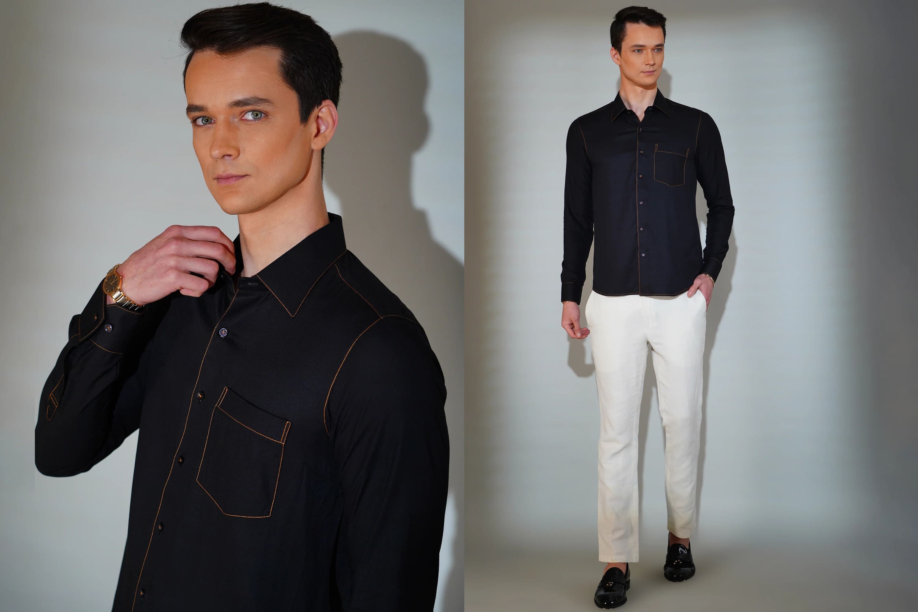 Man wearing a black shirt and white pants against a neutral background