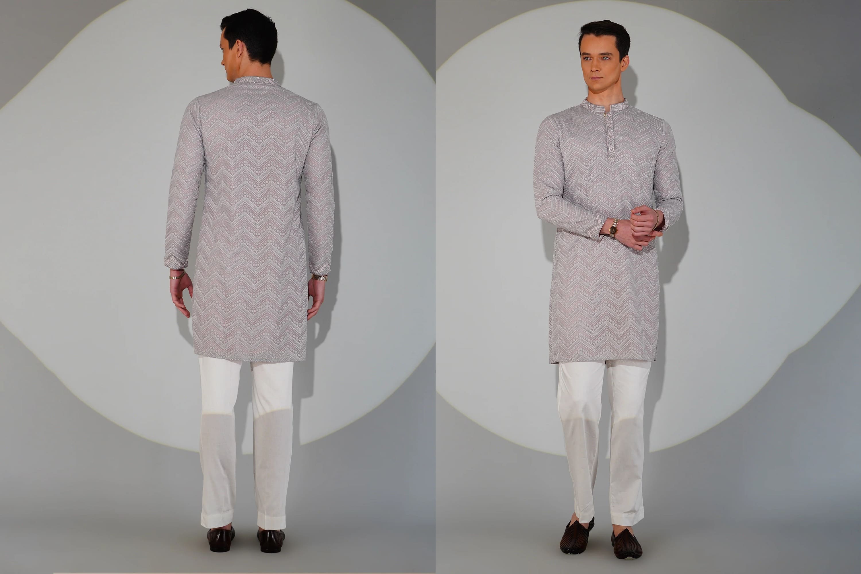 Man wearing a light gray kurta with white pants, shown from front and back on a gray background.