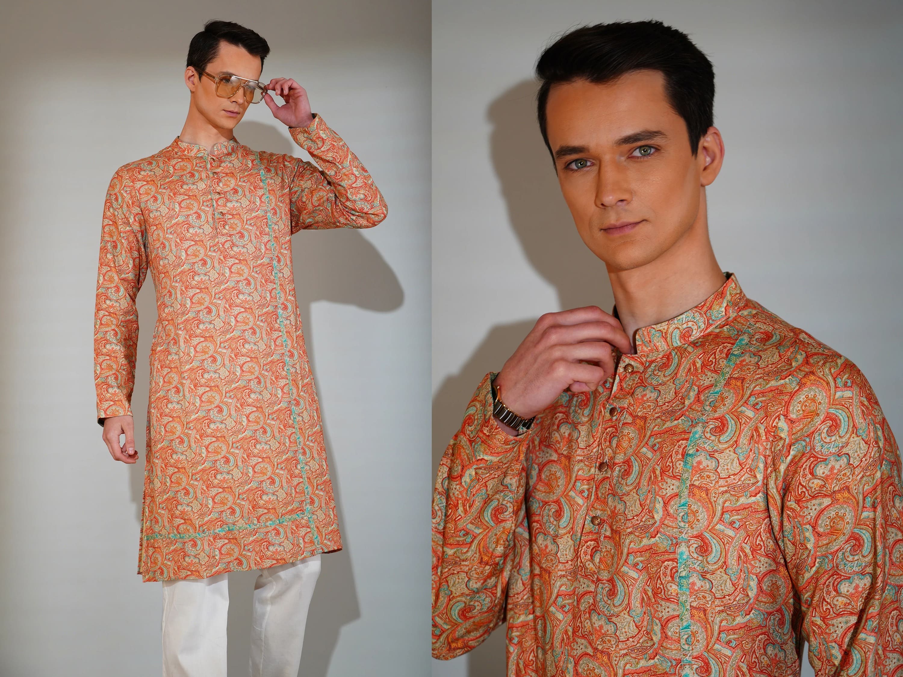 Two views of a man wearing an orange patterned kurta against a plain background