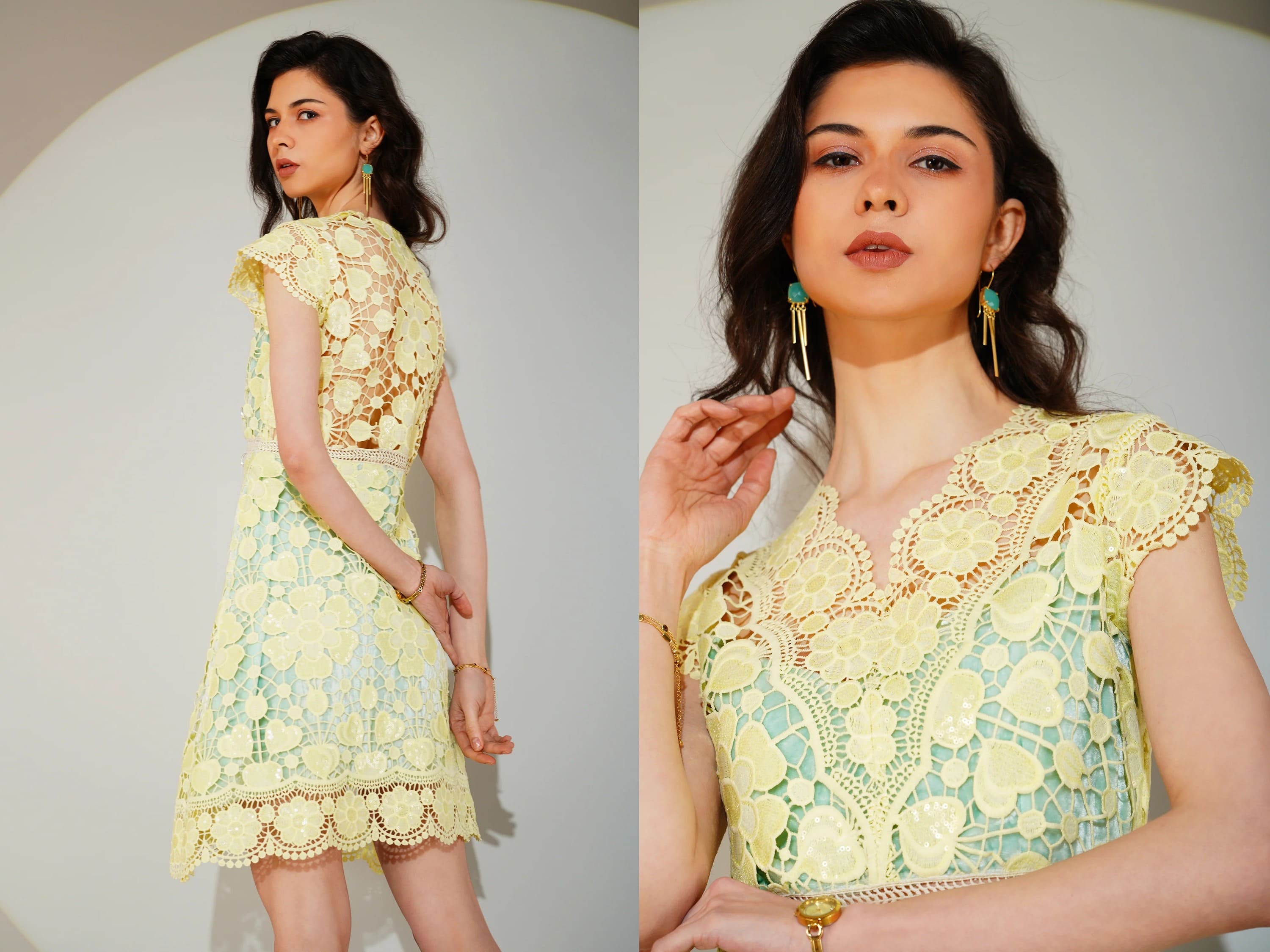 Woman wearing a yellow lace dress and blouse against a plain background