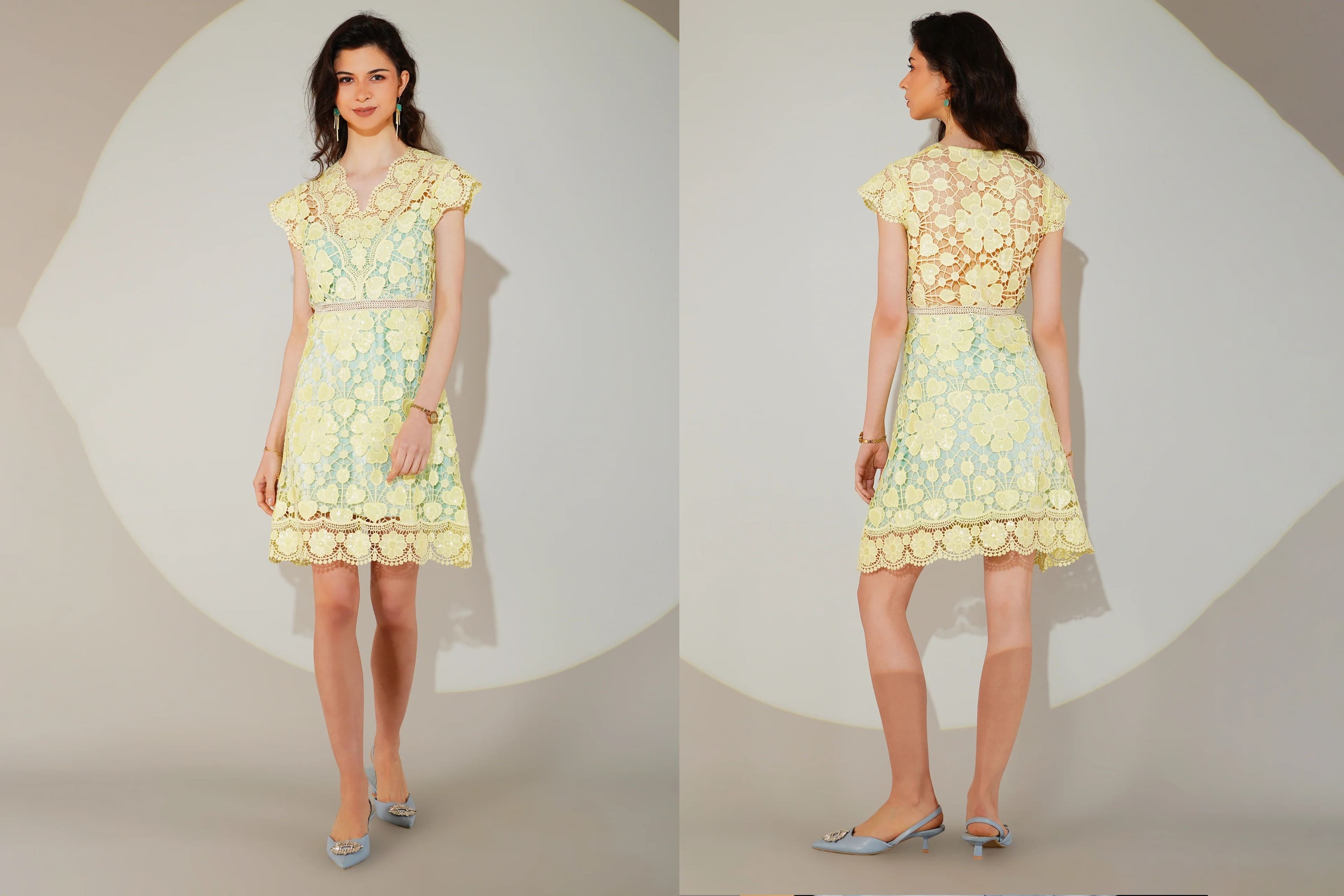 Woman wearing a yellow floral dress, front and back views, on a neutral background