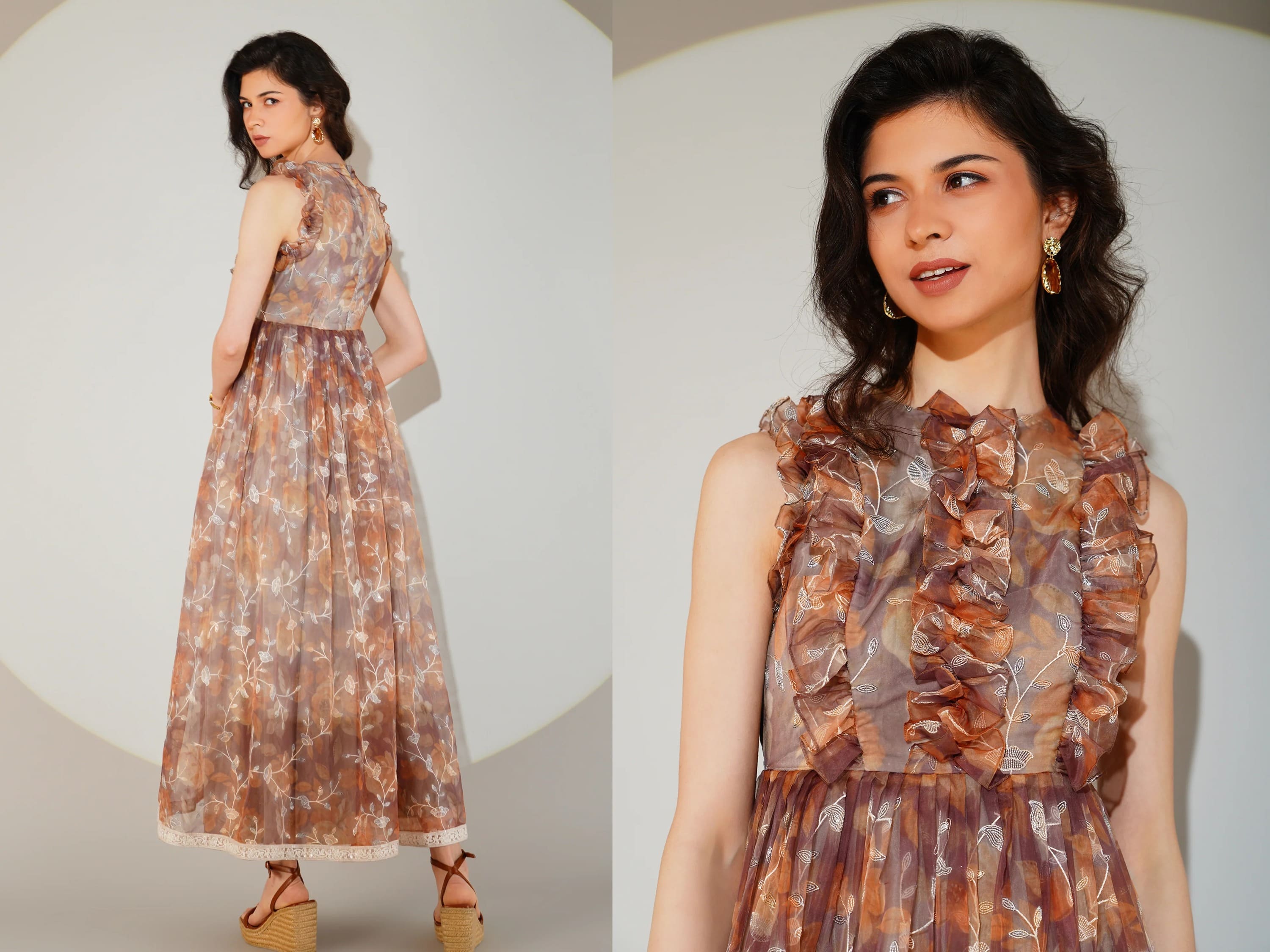 Woman wearing a floral dress against a white background