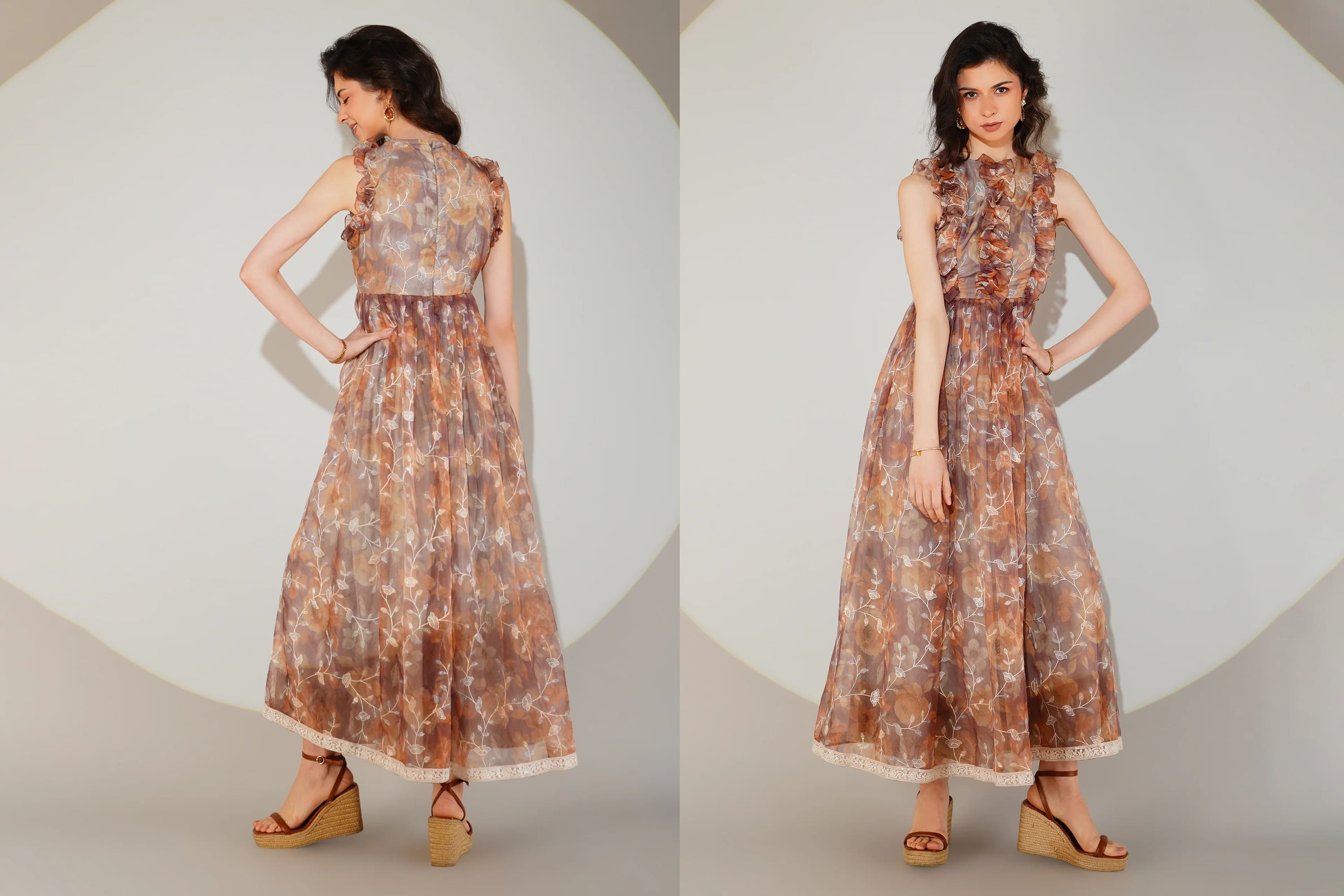 Woman wearing a floral dress on a plain background
