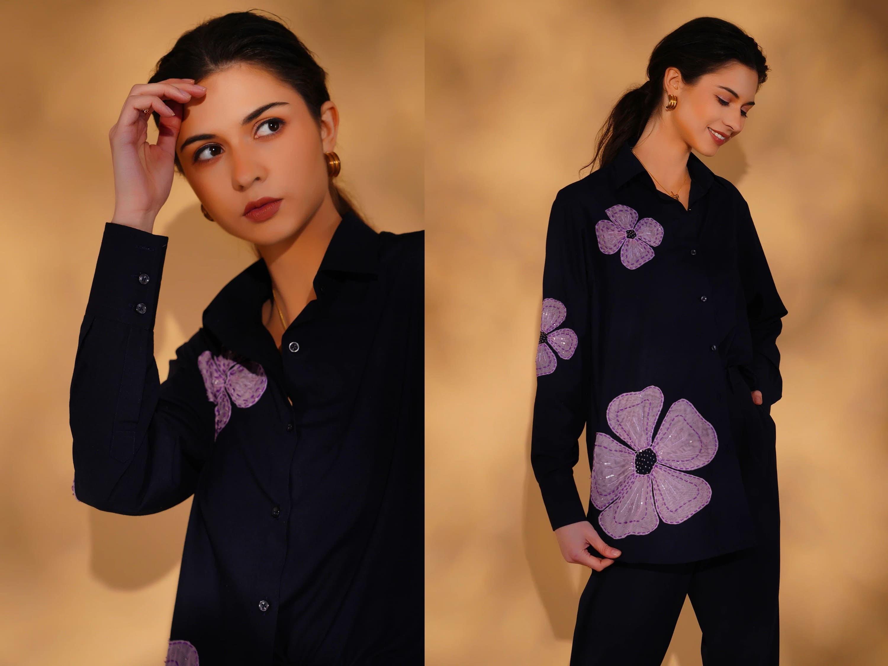 Woman wearing a black shirt with purple floral patterns on a beige background