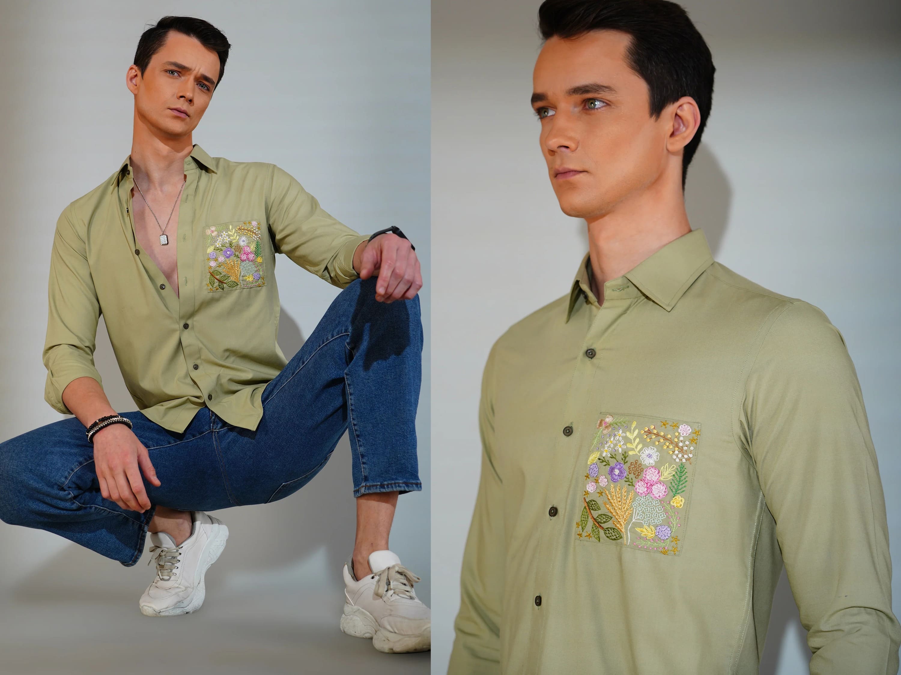 Man wearing a green shirt with floral embroidery, posing against a plain background.