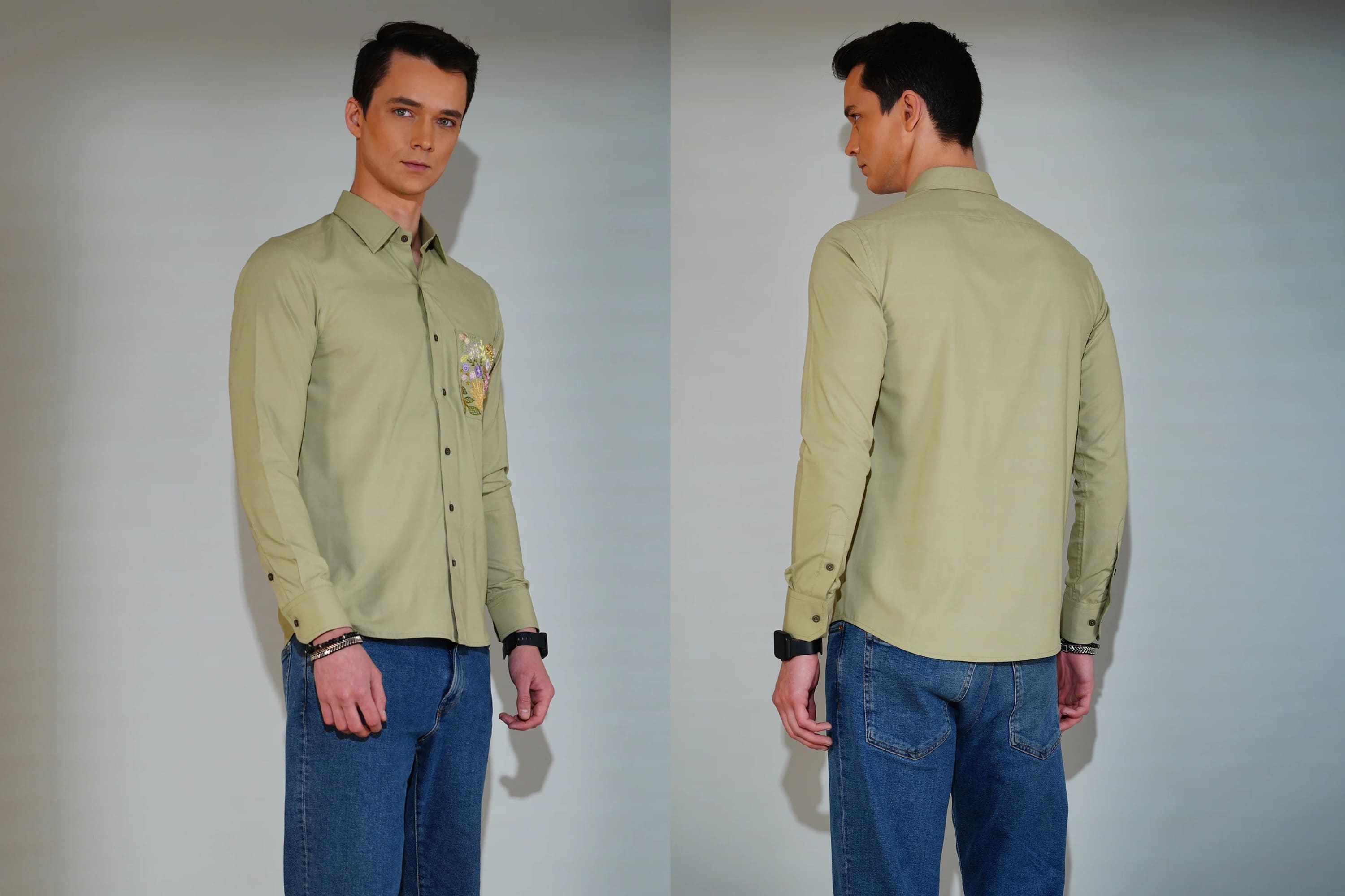 Man wearing a light green shirt and blue jeans, shown from front and back, on a plain background.