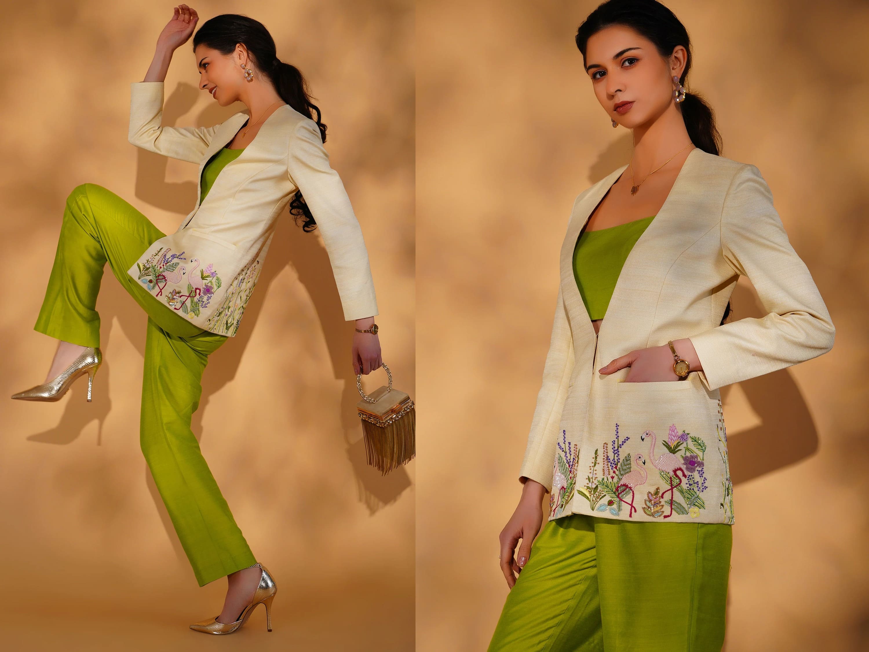 Woman wearing a white embroidered jacket and green pants on a beige background