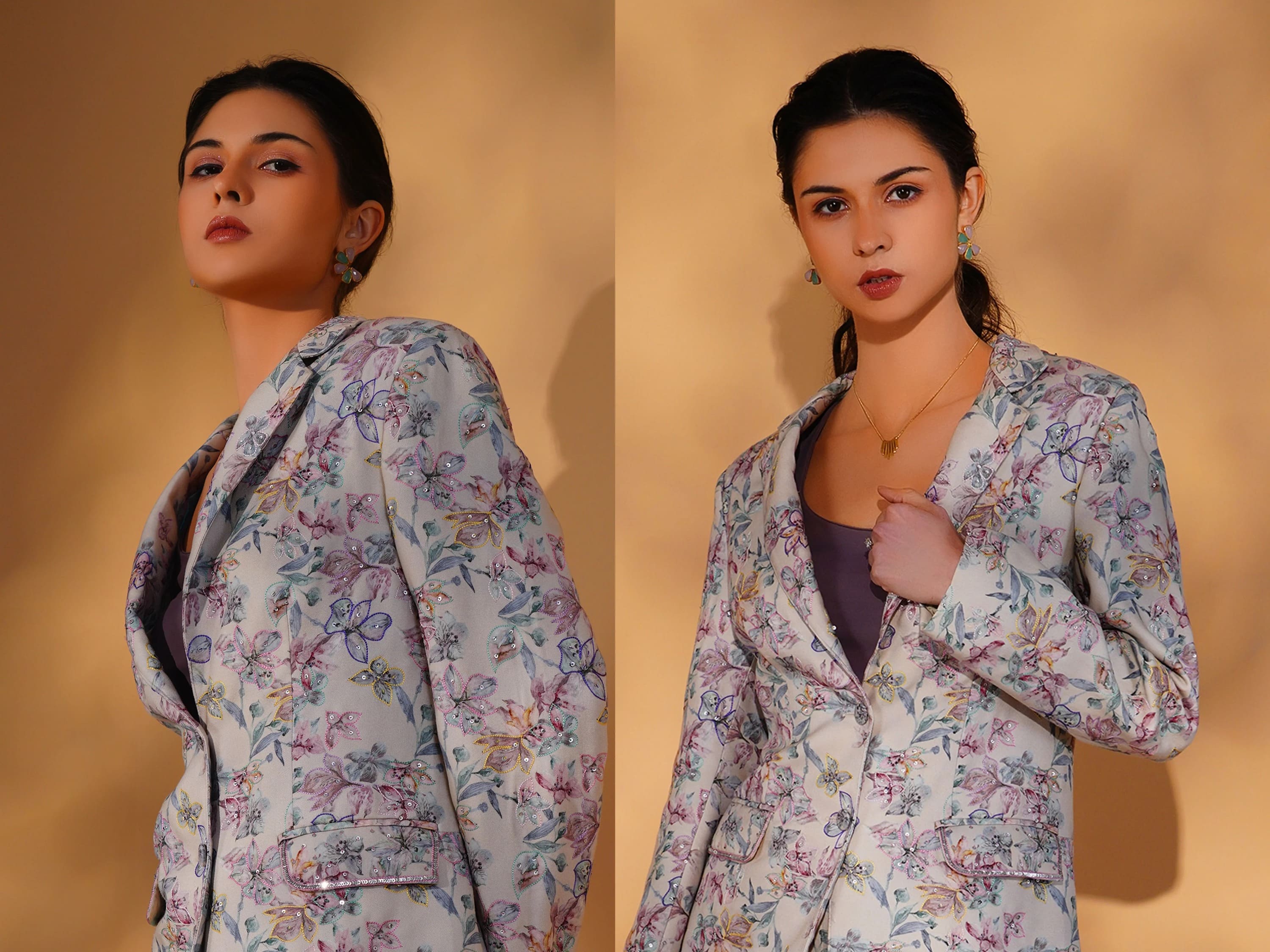 Woman wearing a floral jacket against a beige background