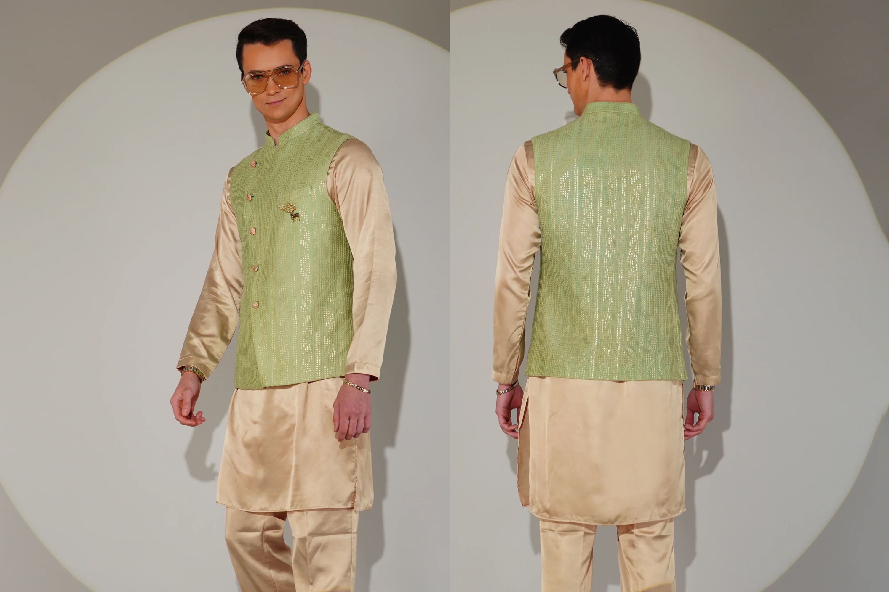 Man wearing a green vest over a beige kurta with pants, shown from front and back on a plain background.