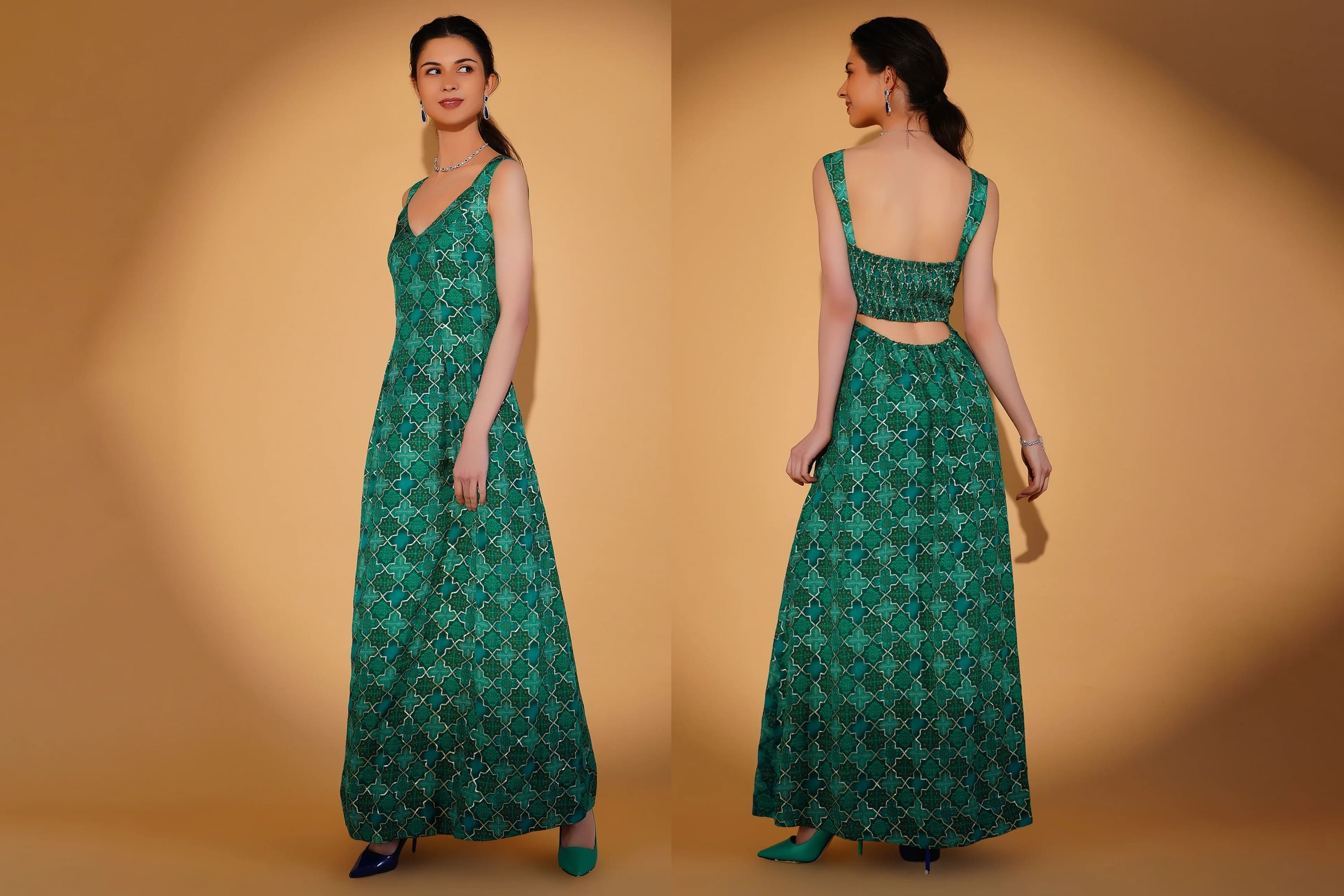 Green patterned dress worn by a model on a beige background