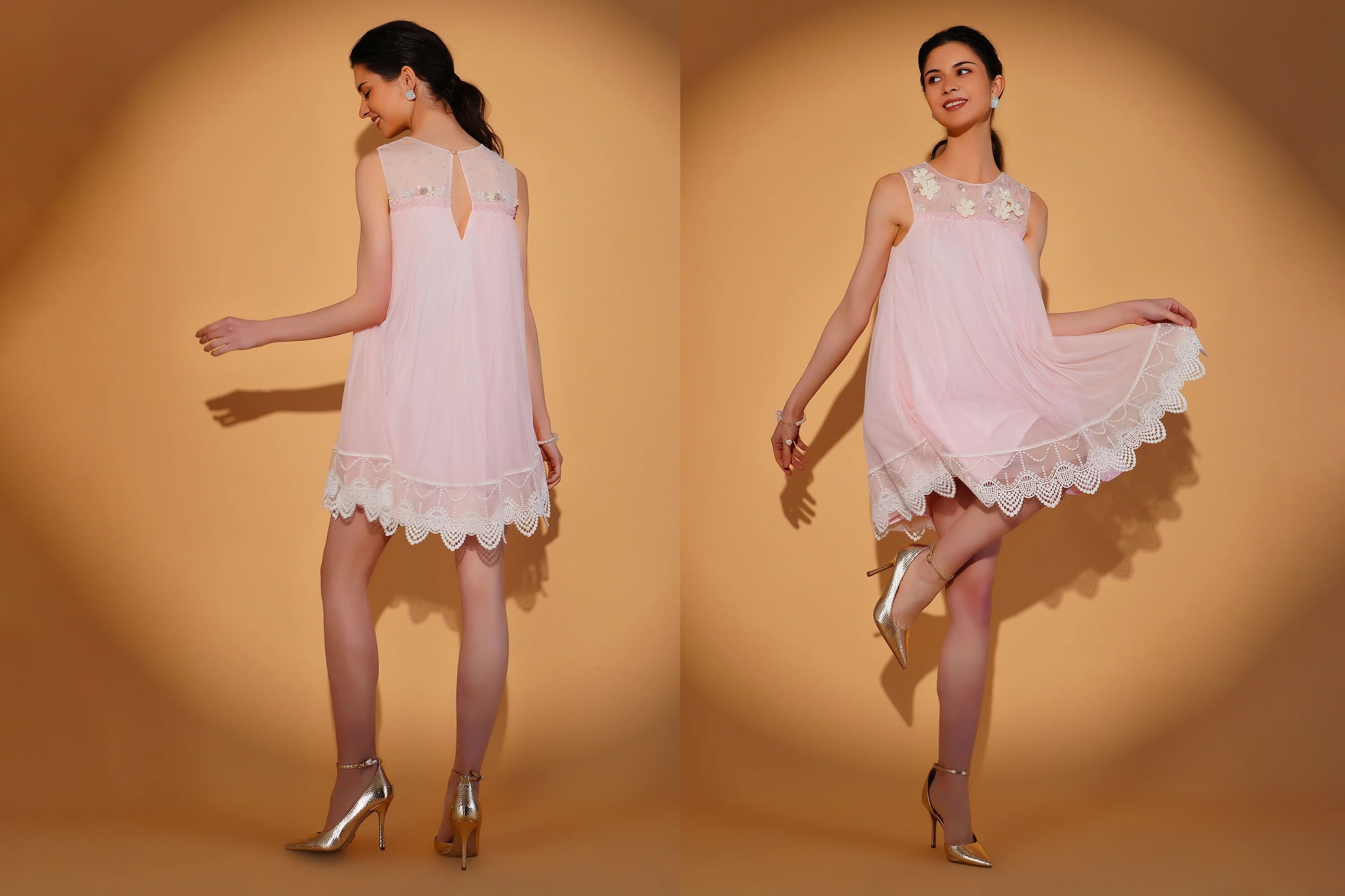 Woman wearing a pink dress with lace details on a beige background