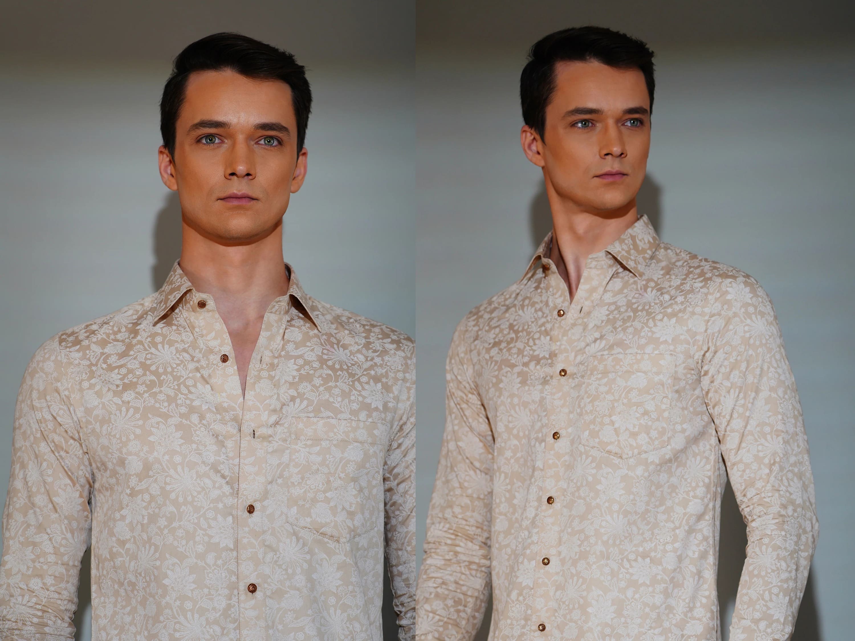 Side-by-side comparison of a man wearing a patterned shirt against a plain background