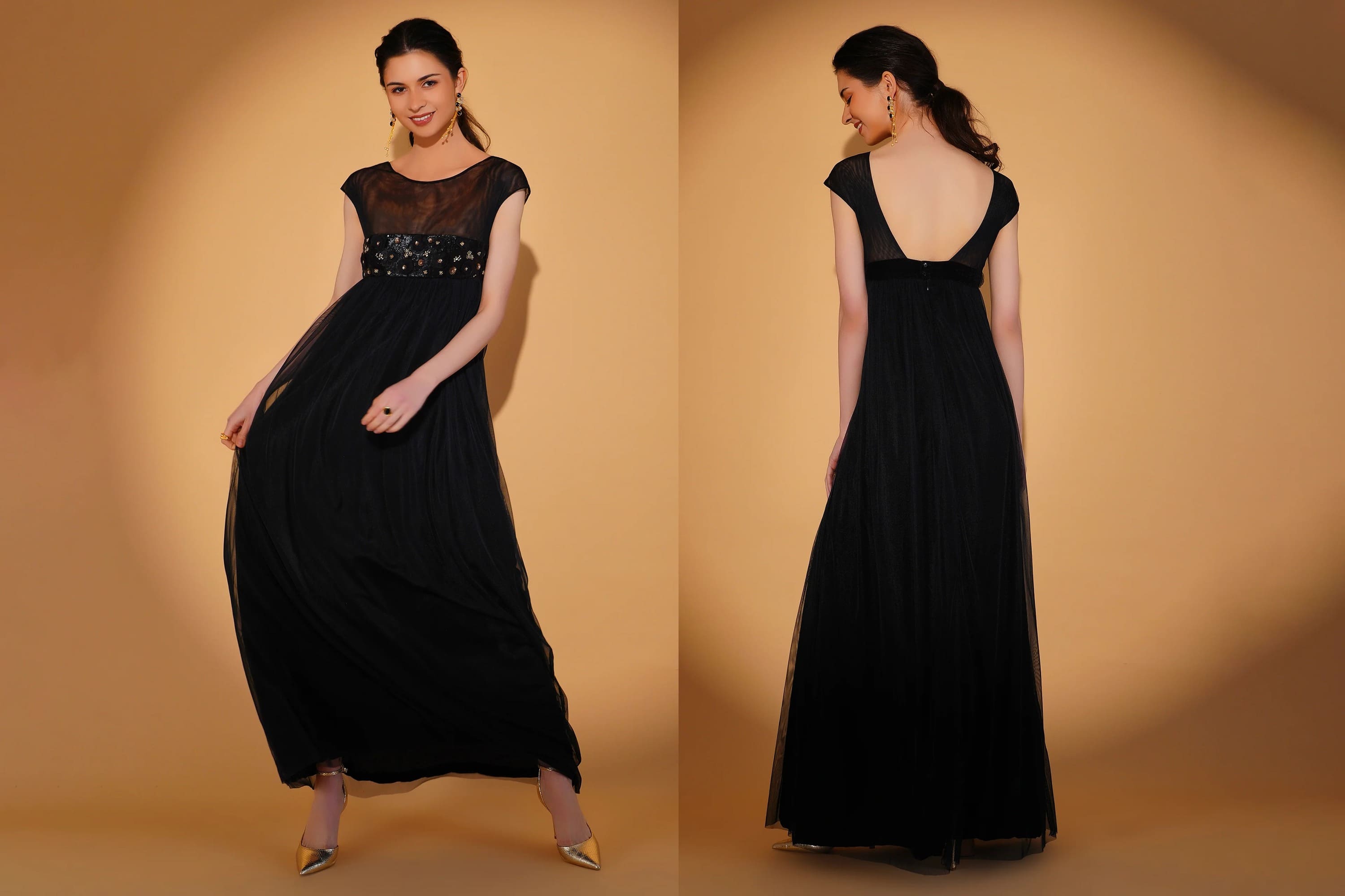 Woman wearing a black evening gown with sheer details on a beige background