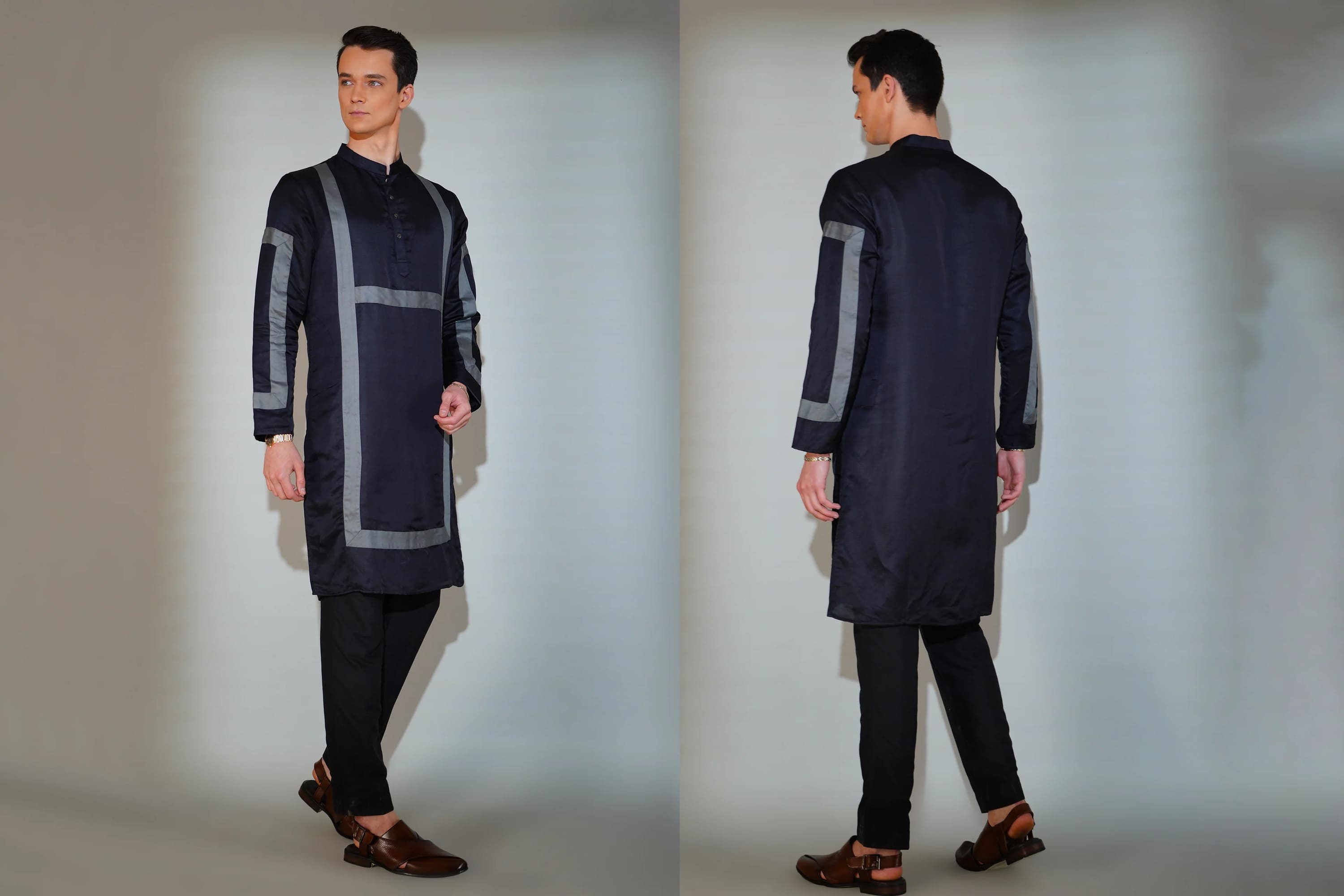 Man modeling a dark blue kurta with gray accents, front and back views, on a plain background.