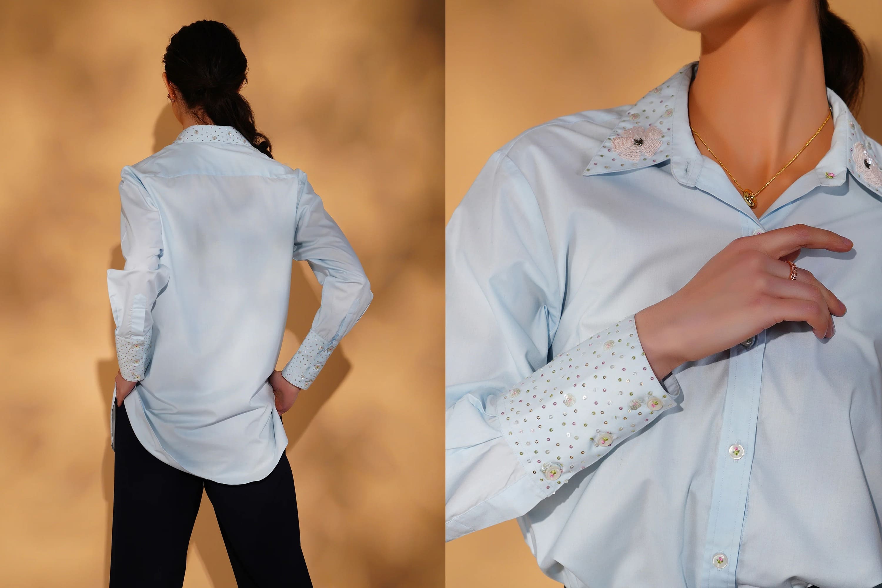 Light blue shirt worn by a person with a close-up of the collar and sleeve on a beige background