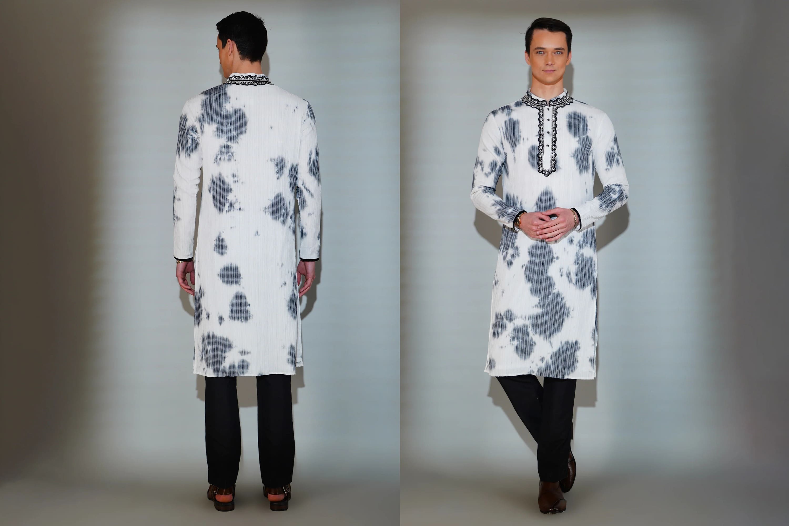 Man wearing a white kurta with black patterns, front and back views, on a plain background.