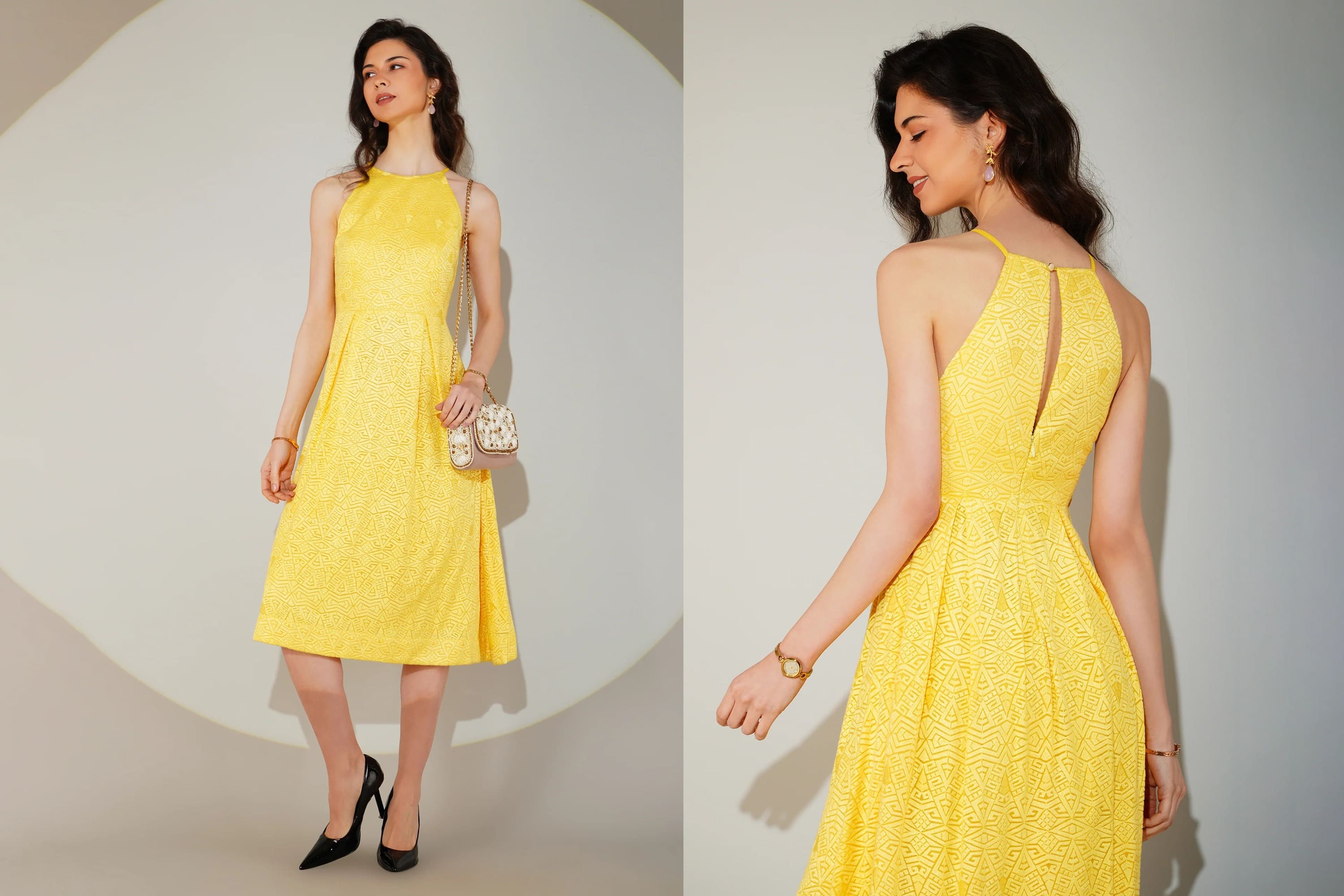Woman wearing a yellow dress with a plain background