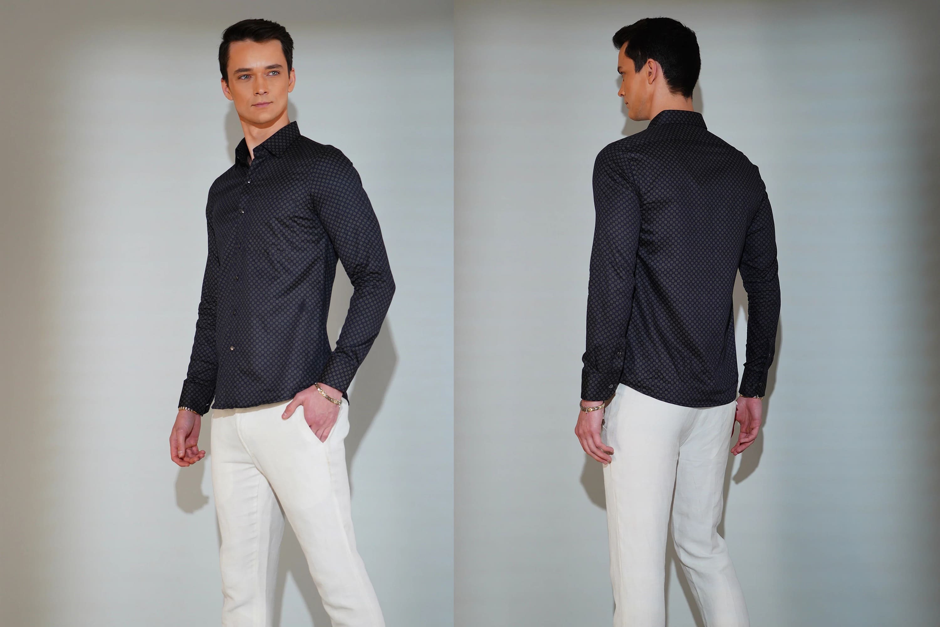 Man wearing a black patterned shirt and white pants, shown from front and back views.