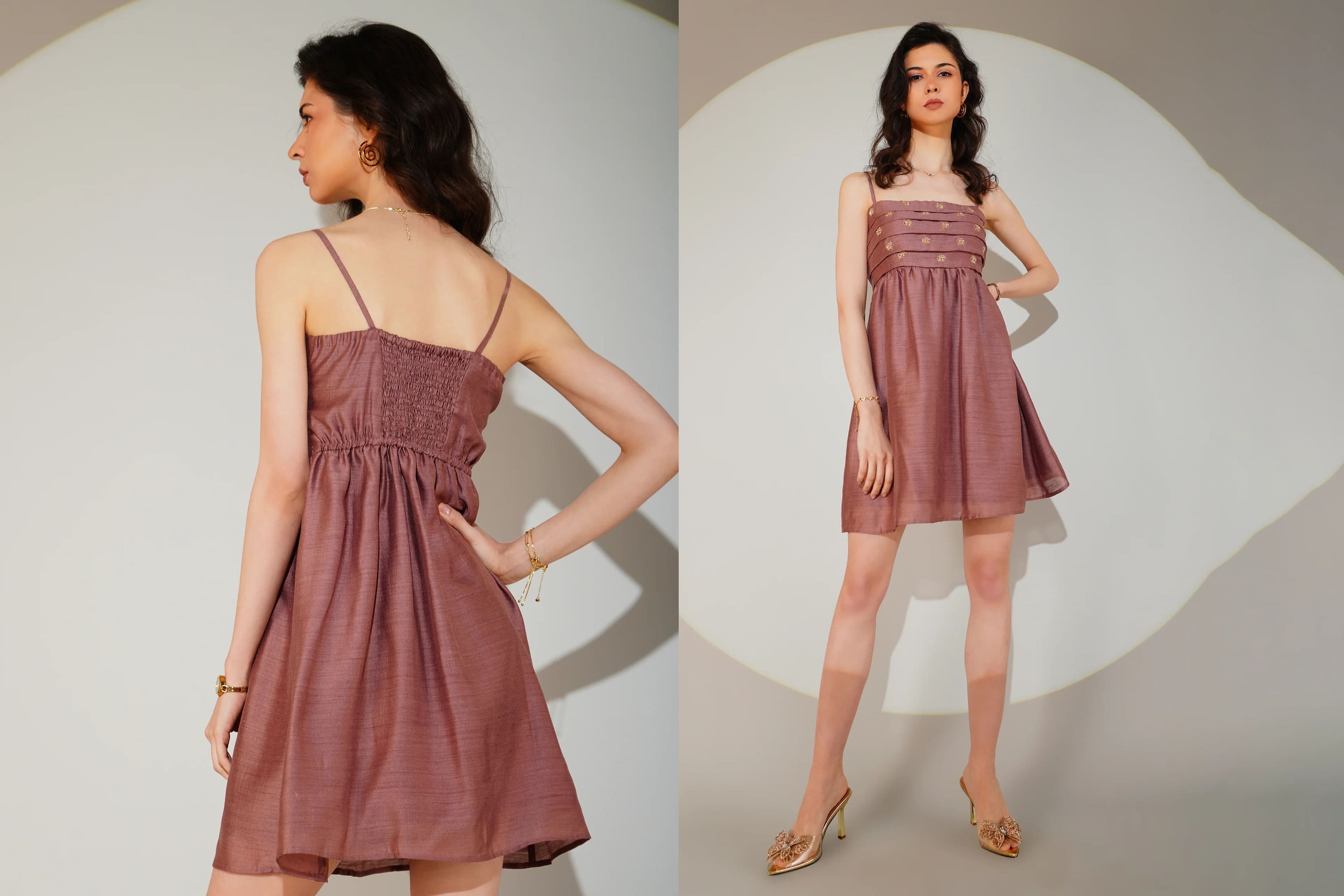 Woman wearing a brown dress from different angles on a plain background