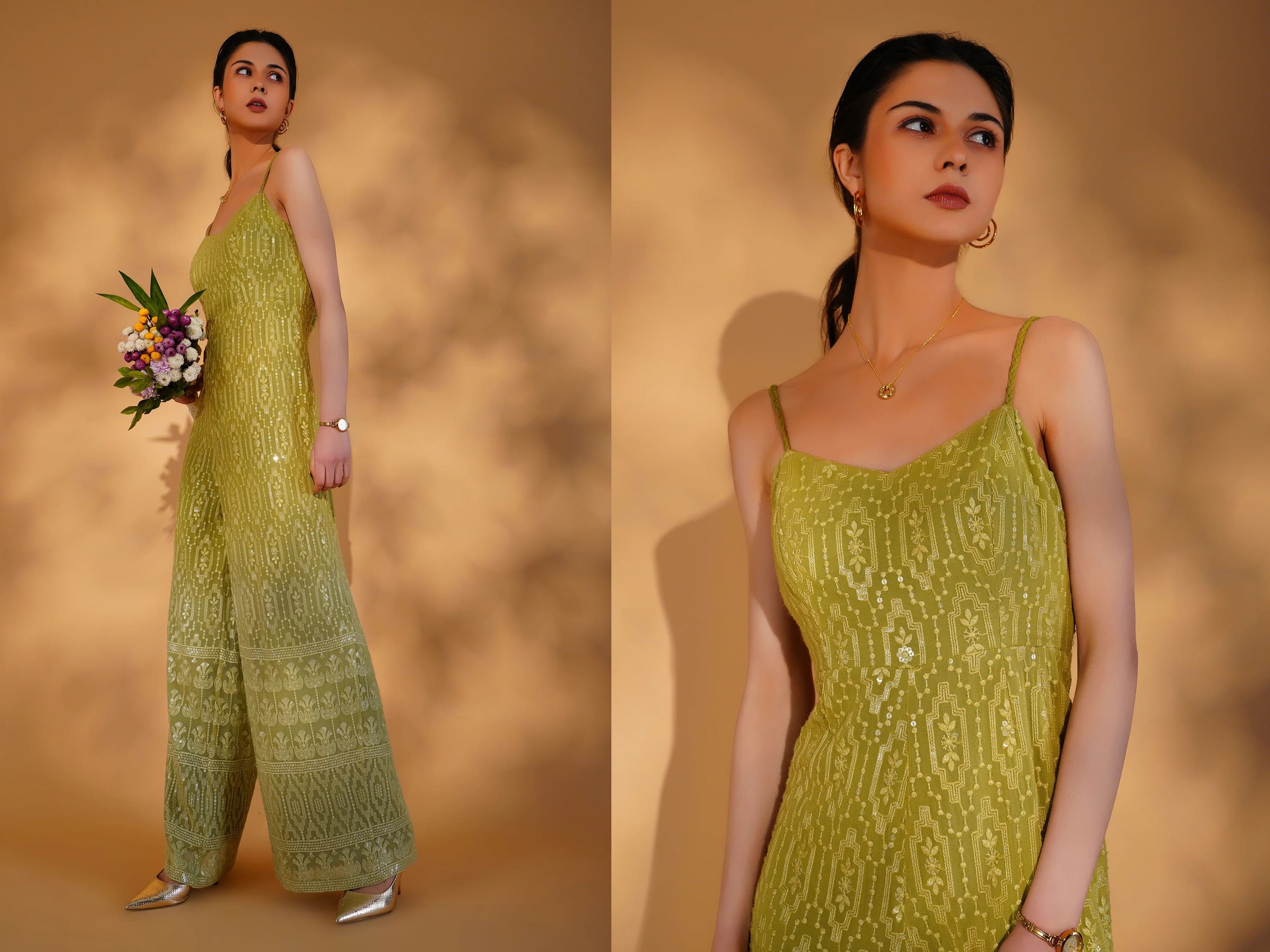 Woman wearing a green patterned dress against a warm-toned background