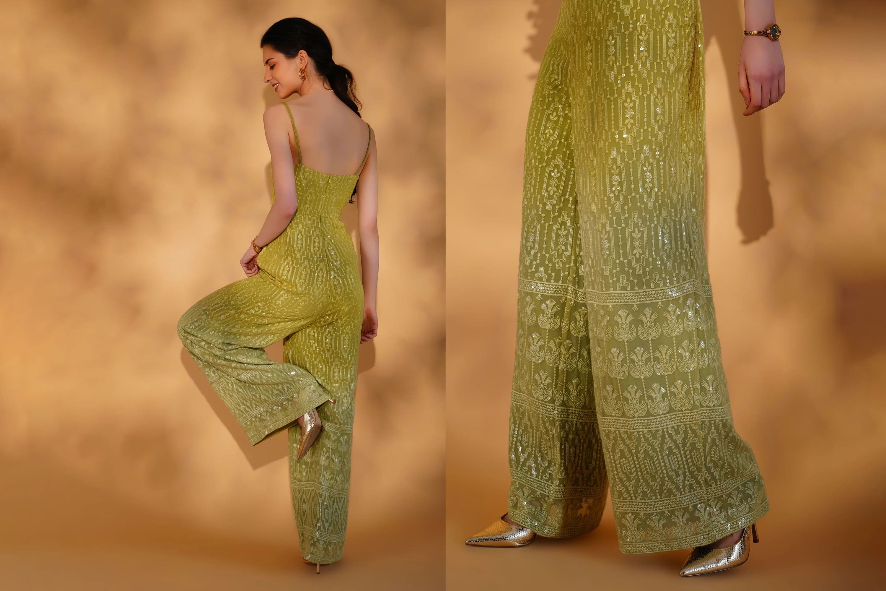 Woman wearing a green embroidered jumpsuit against a warm-toned background