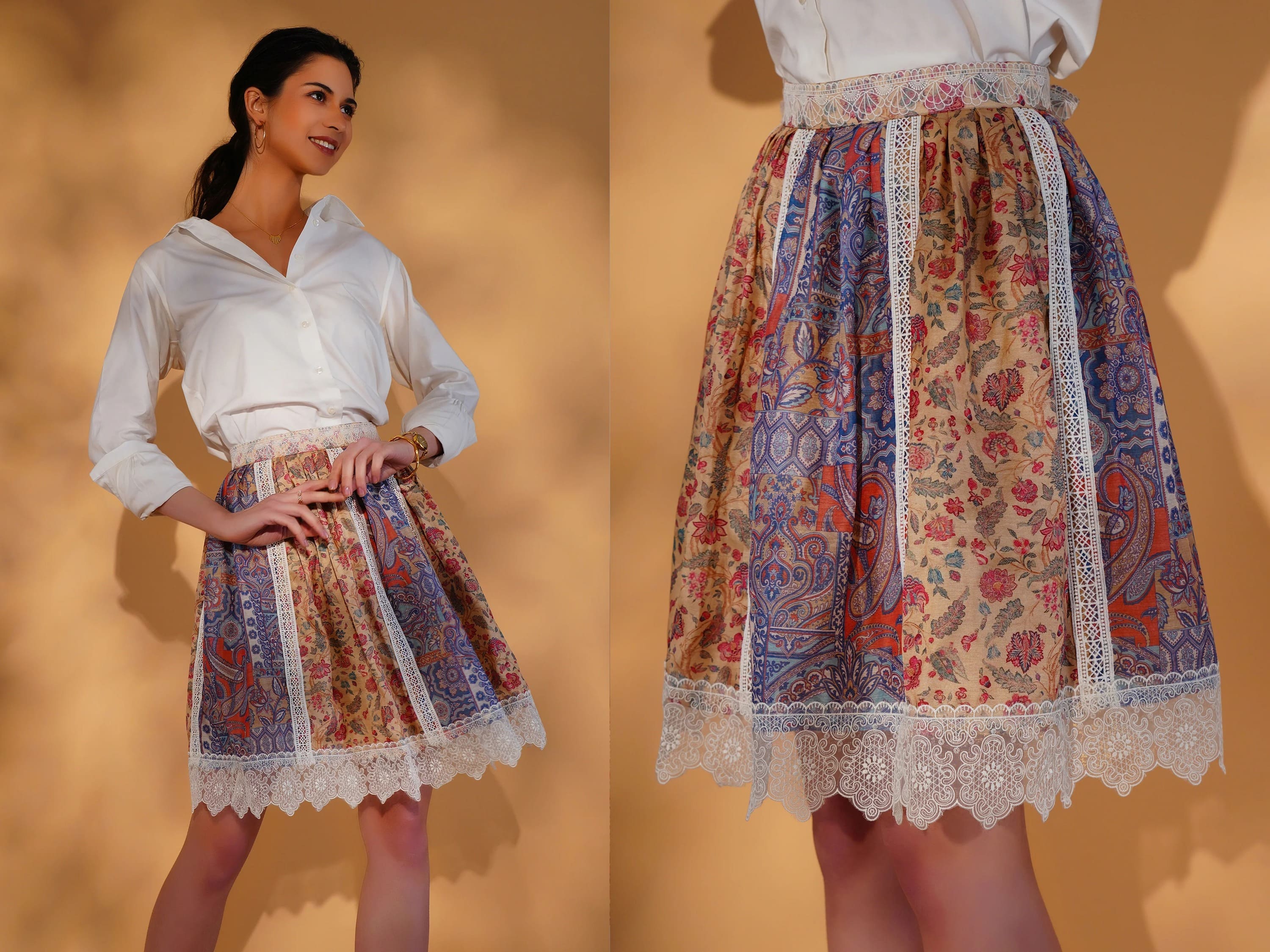 Woman wearing a patterned skirt with lace trim against a yellow background