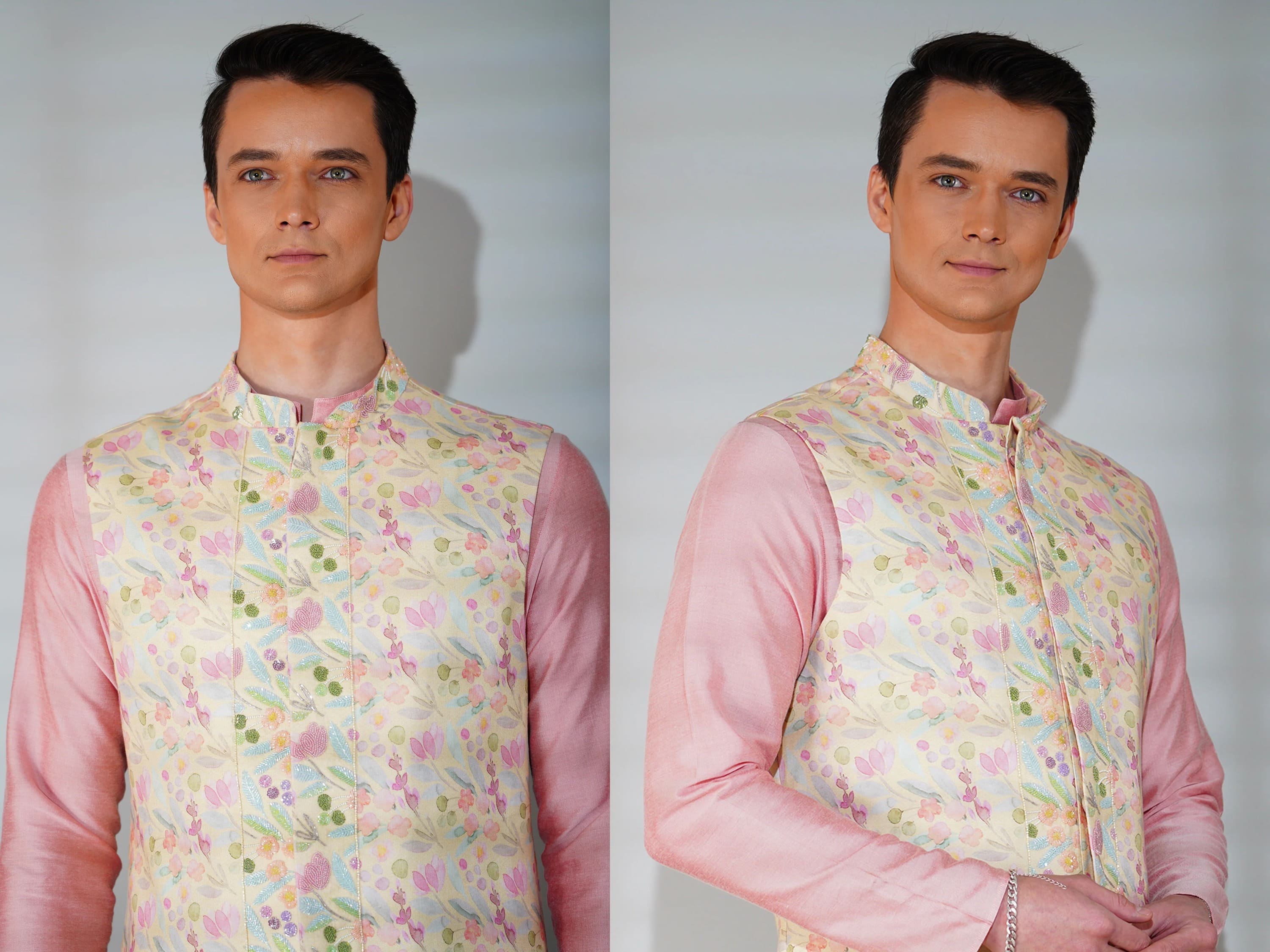 Side-by-side comparison of a man wearing a pink shirt with a floral vest against a plain background.