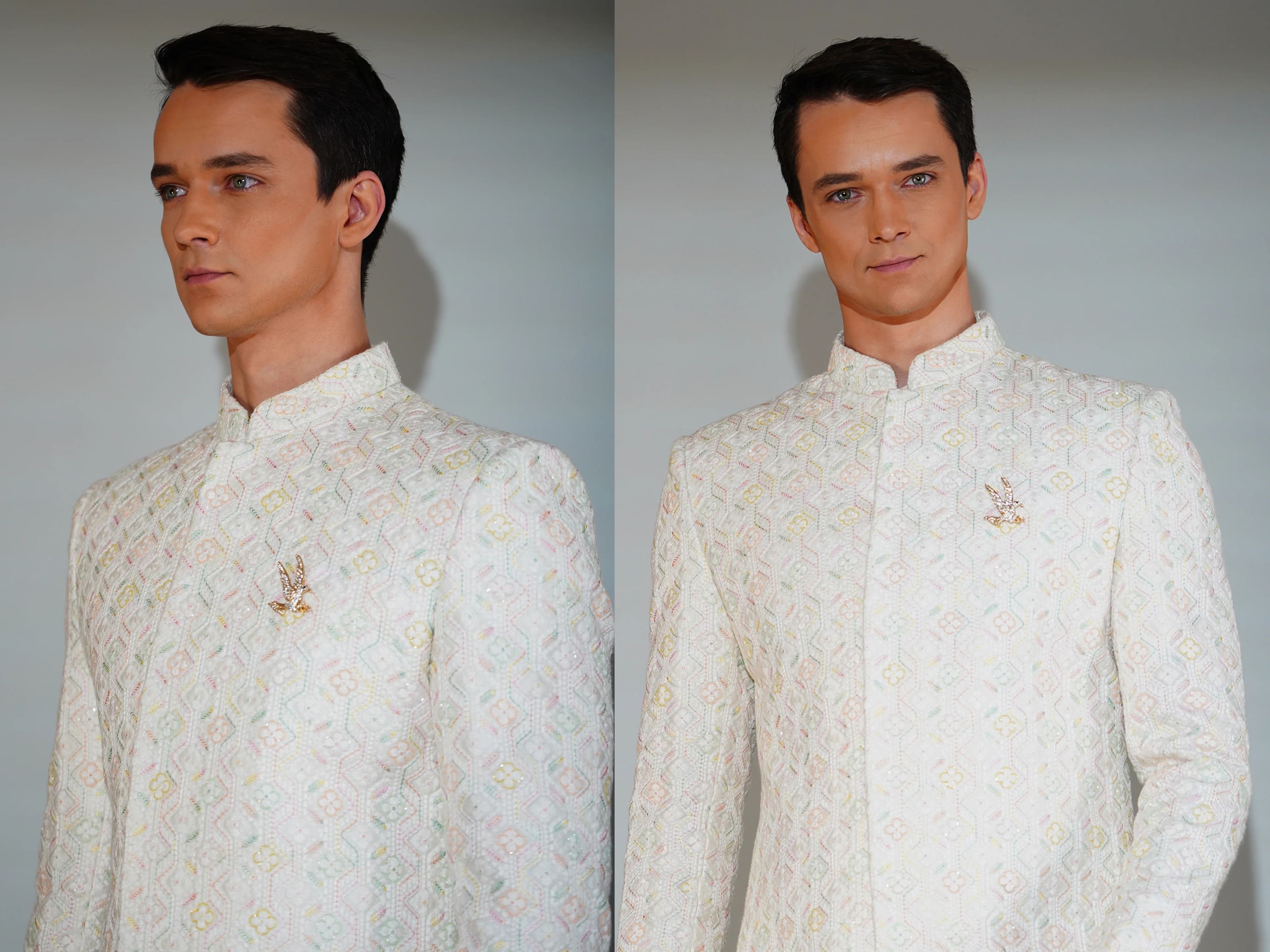 Side-by-side comparison of a man wearing a white embroidered jacket against a plain background