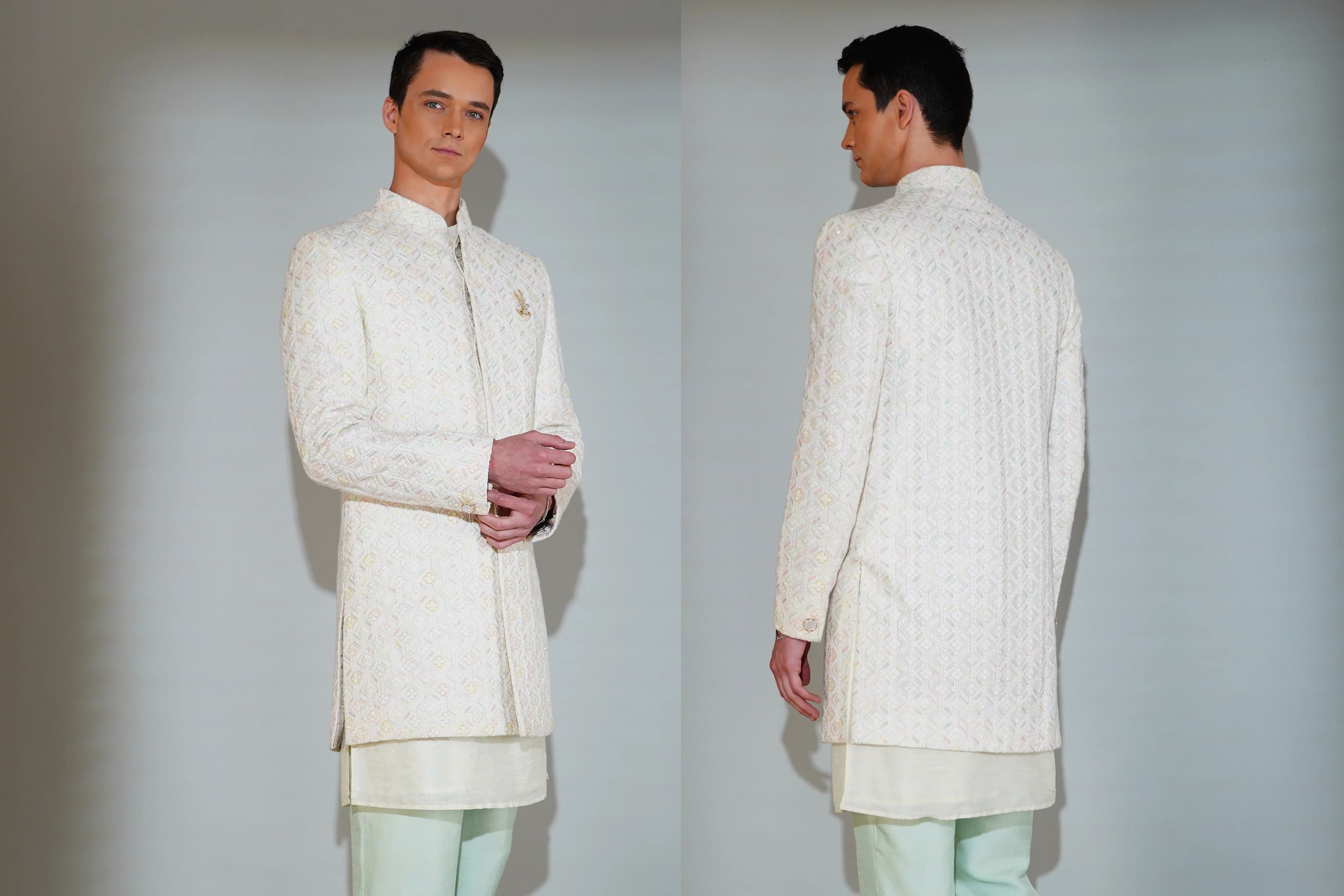 Man wearing a traditional white sherwani from front and back views against a plain background