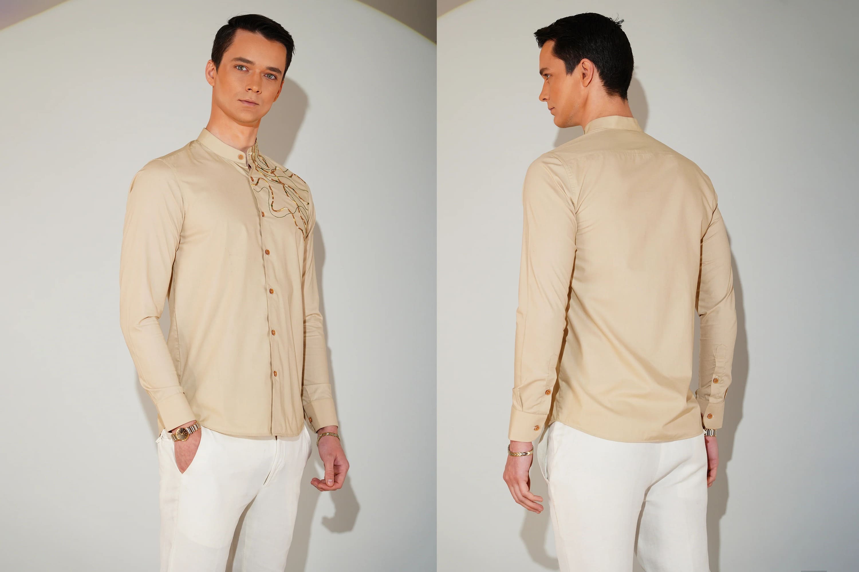 Man wearing a beige shirt with a bow tie, shown from front and back, on a plain background.
