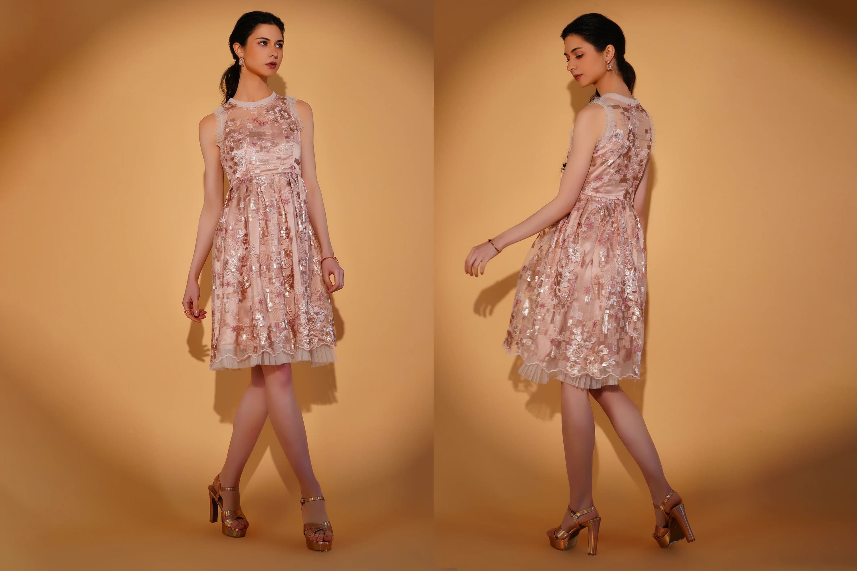 Woman wearing a floral dress on a yellow background