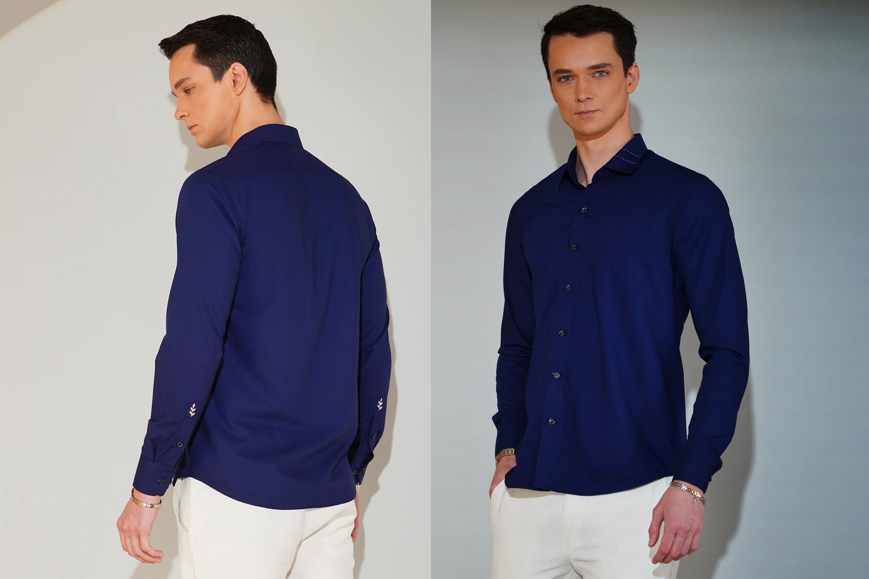 Man wearing a blue long-sleeve shirt and white pants, shown from front and back views.