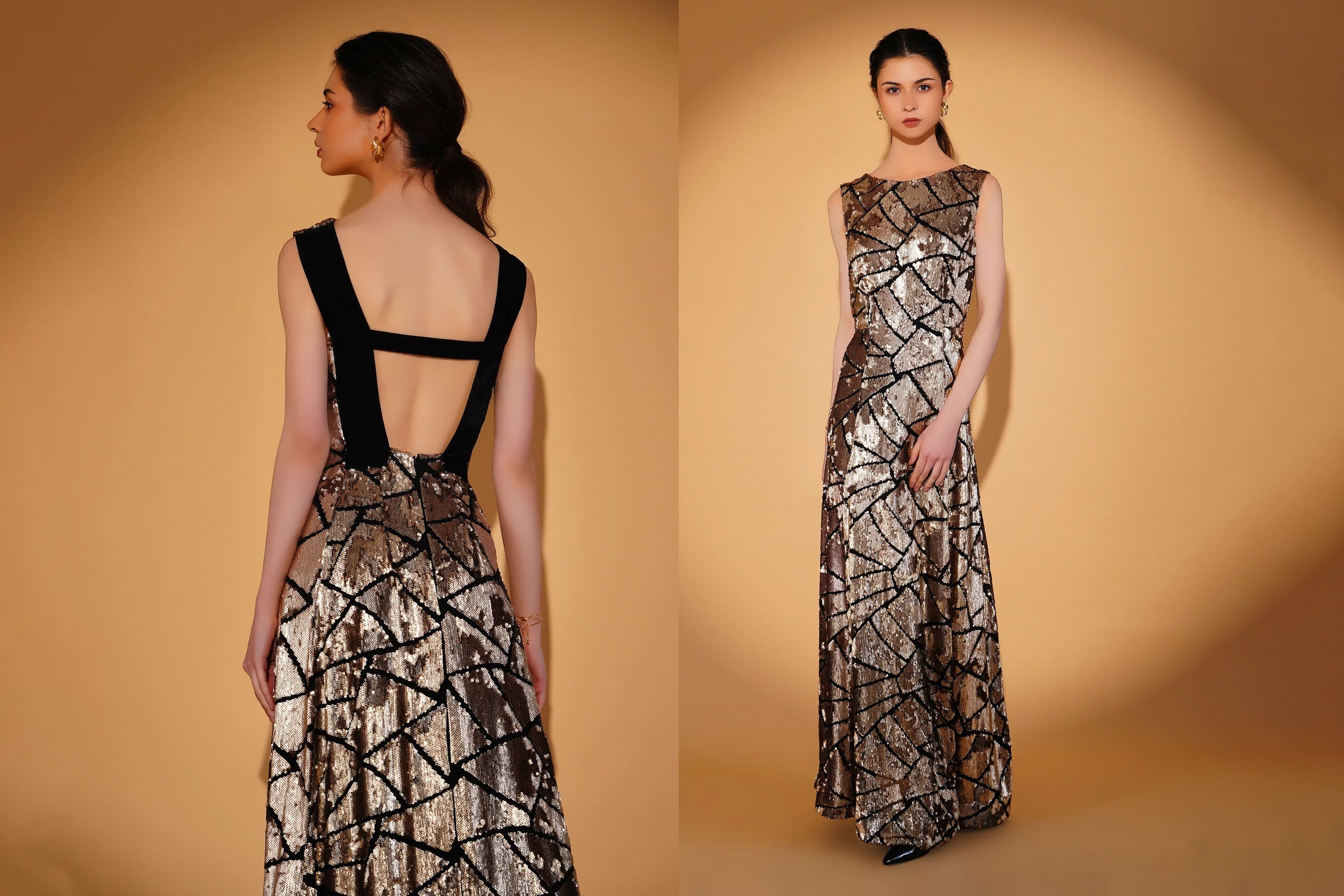 Woman wearing a patterned evening gown on a beige background