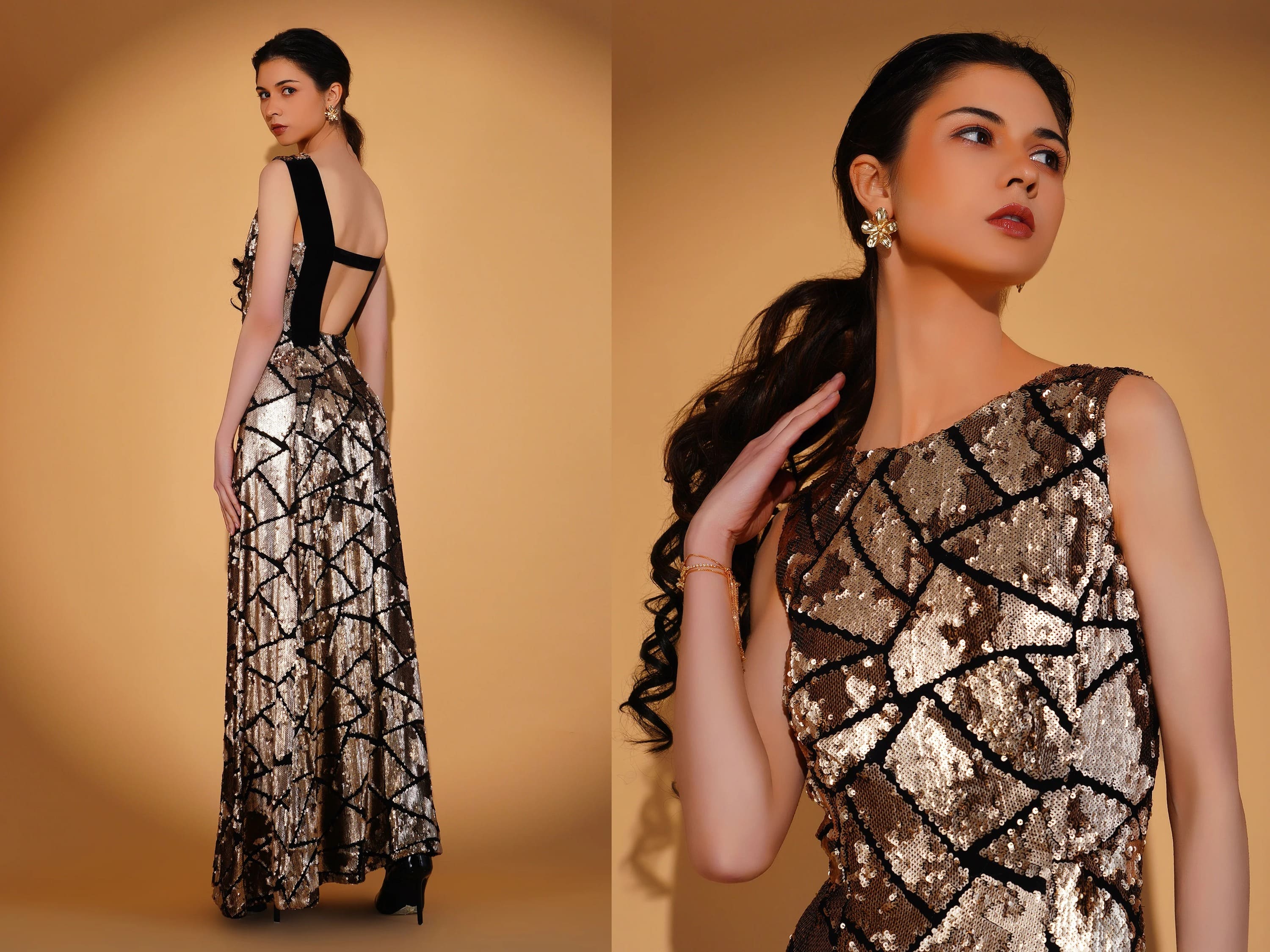 Woman wearing a patterned dress on a beige background