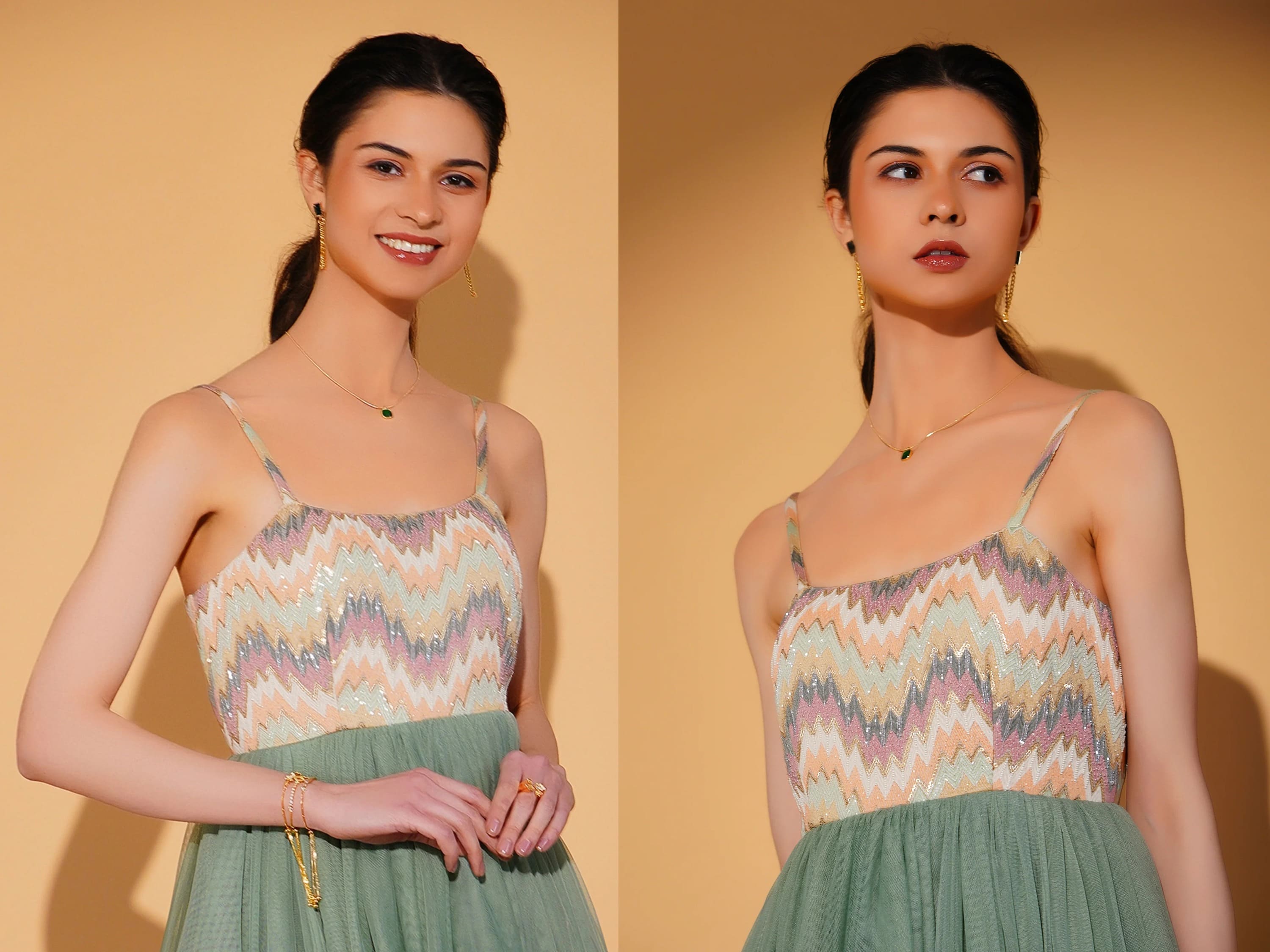 Woman wearing a patterned top and green skirt against a yellow background