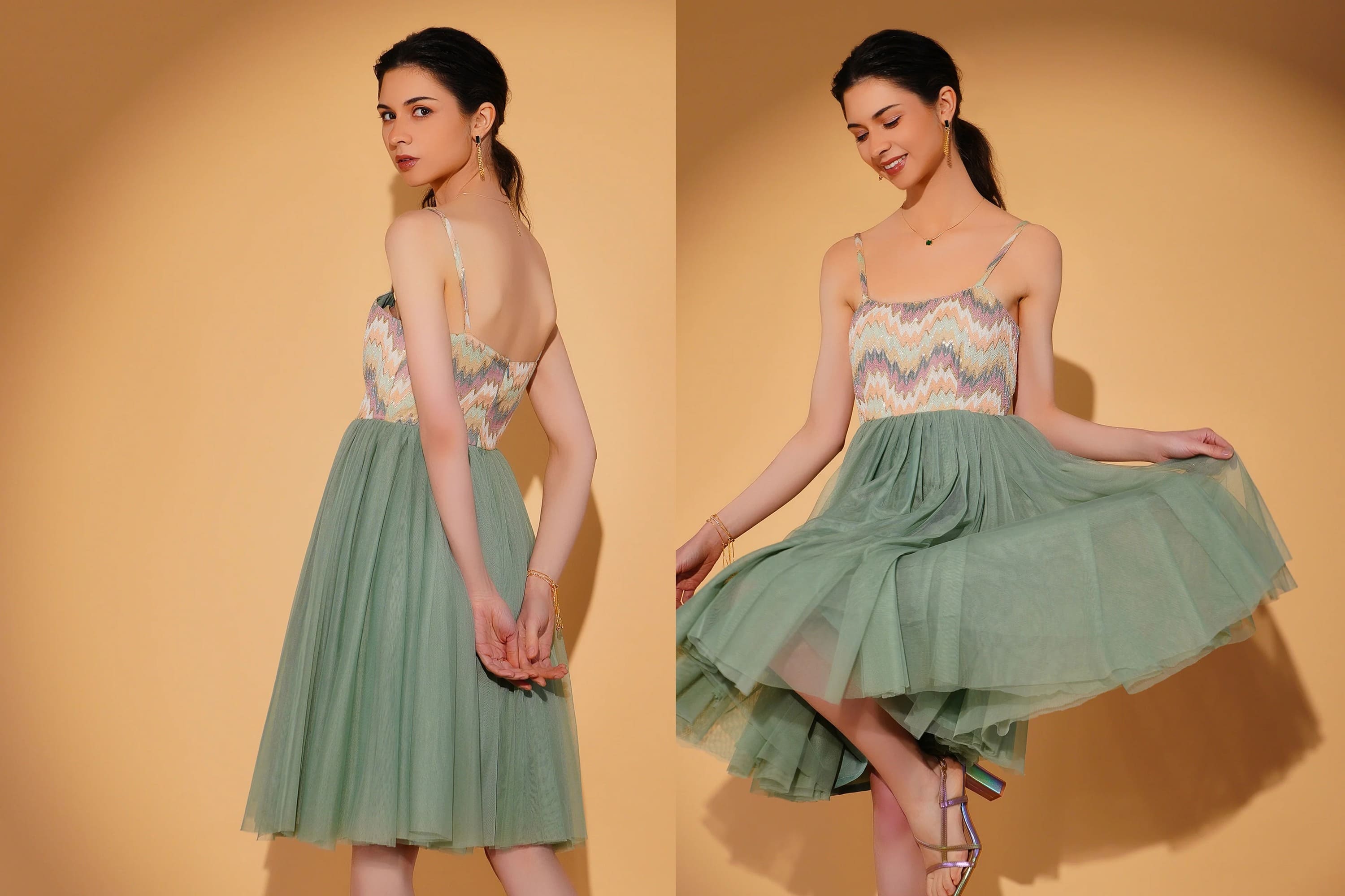 Woman wearing a floral top and green skirt against a yellow background