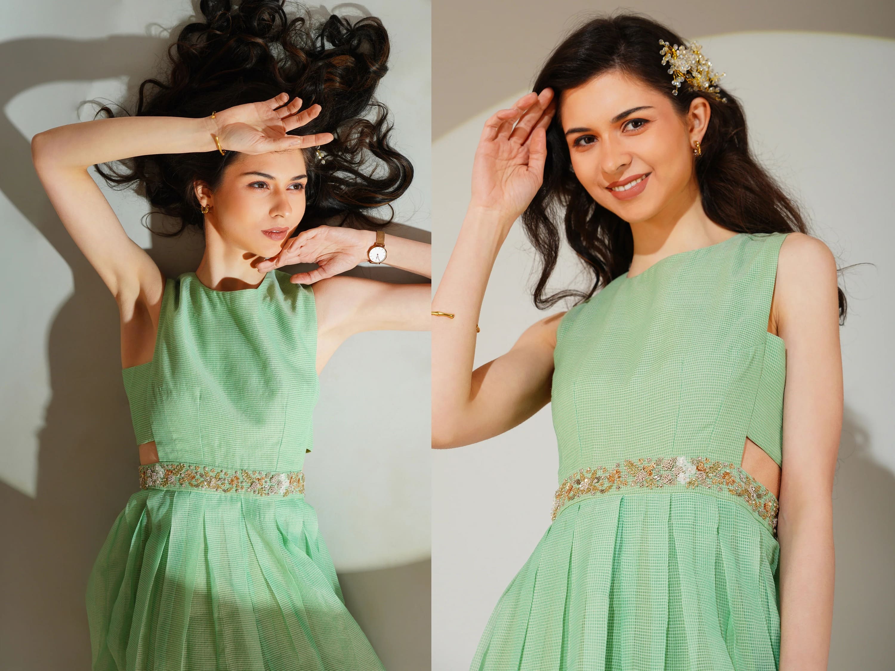 Woman wearing a green dress with a decorative waistband in two different poses.
